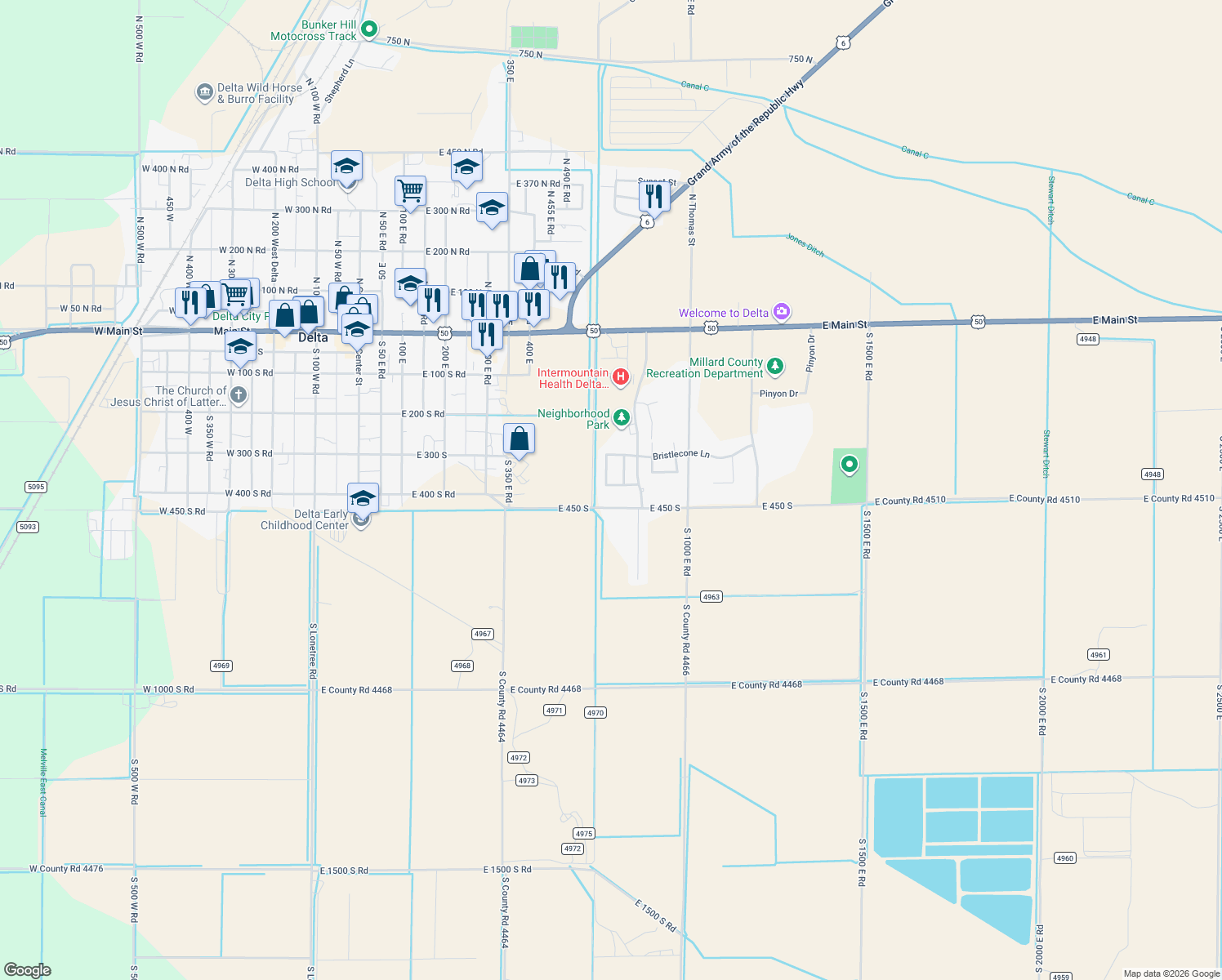 map of restaurants, bars, coffee shops, grocery stores, and more near 648 Tamarix Street in Delta