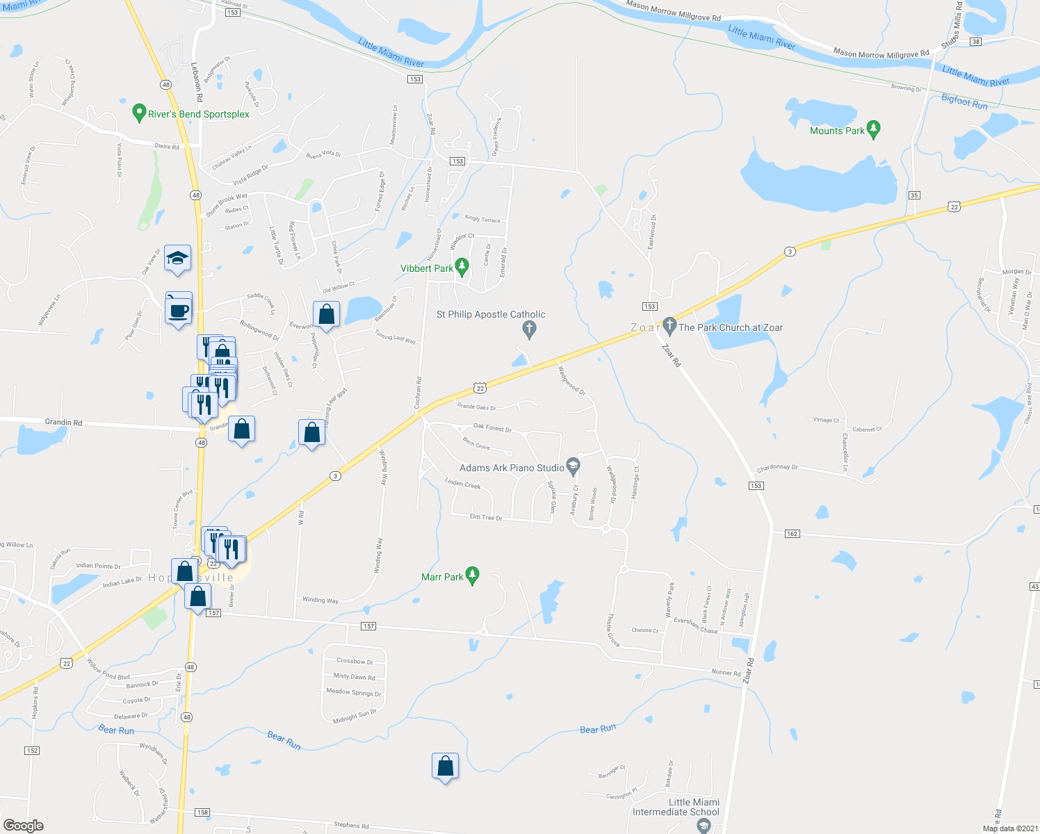 map of restaurants, bars, coffee shops, grocery stores, and more near 6007 Oak Leaf Court in Morrow