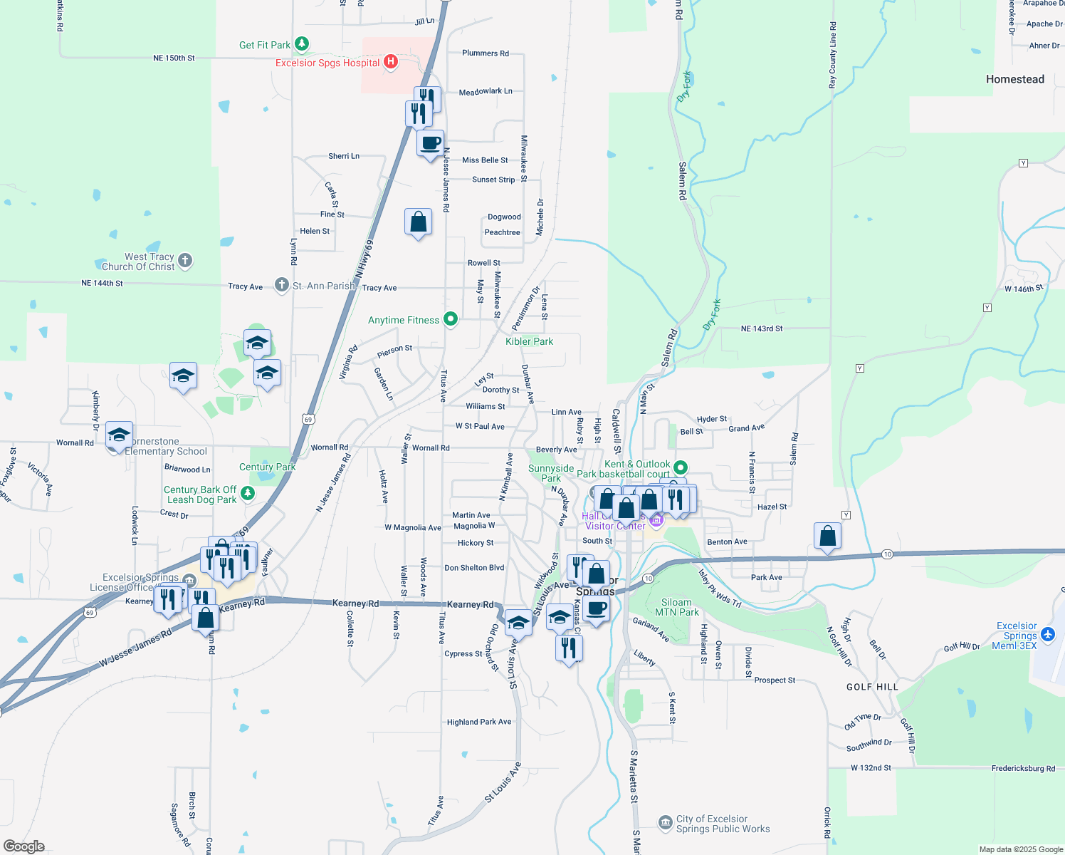 map of restaurants, bars, coffee shops, grocery stores, and more near 600 Dunbar Street in Excelsior Springs