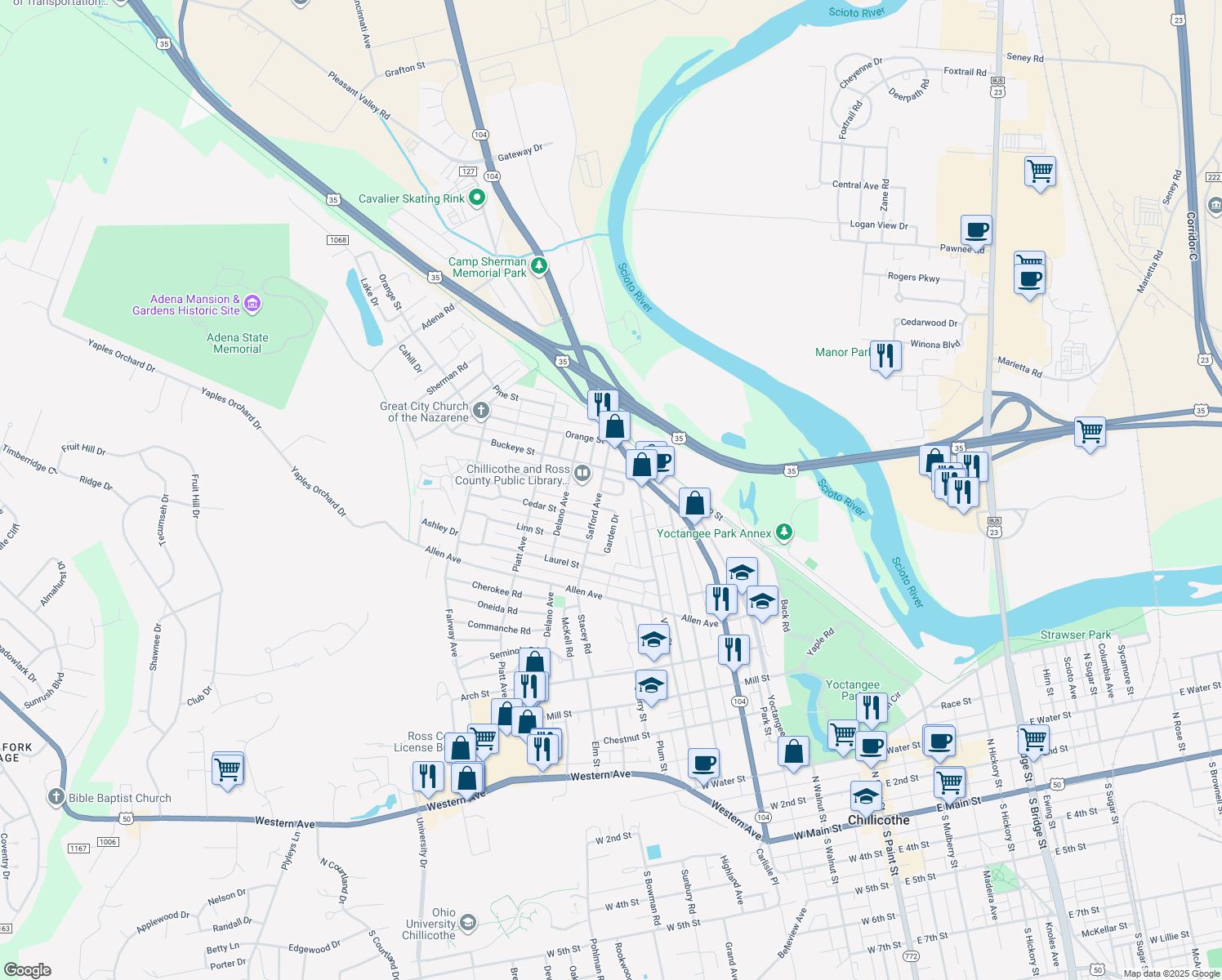 map of restaurants, bars, coffee shops, grocery stores, and more near 483 Caroline Drive in Chillicothe