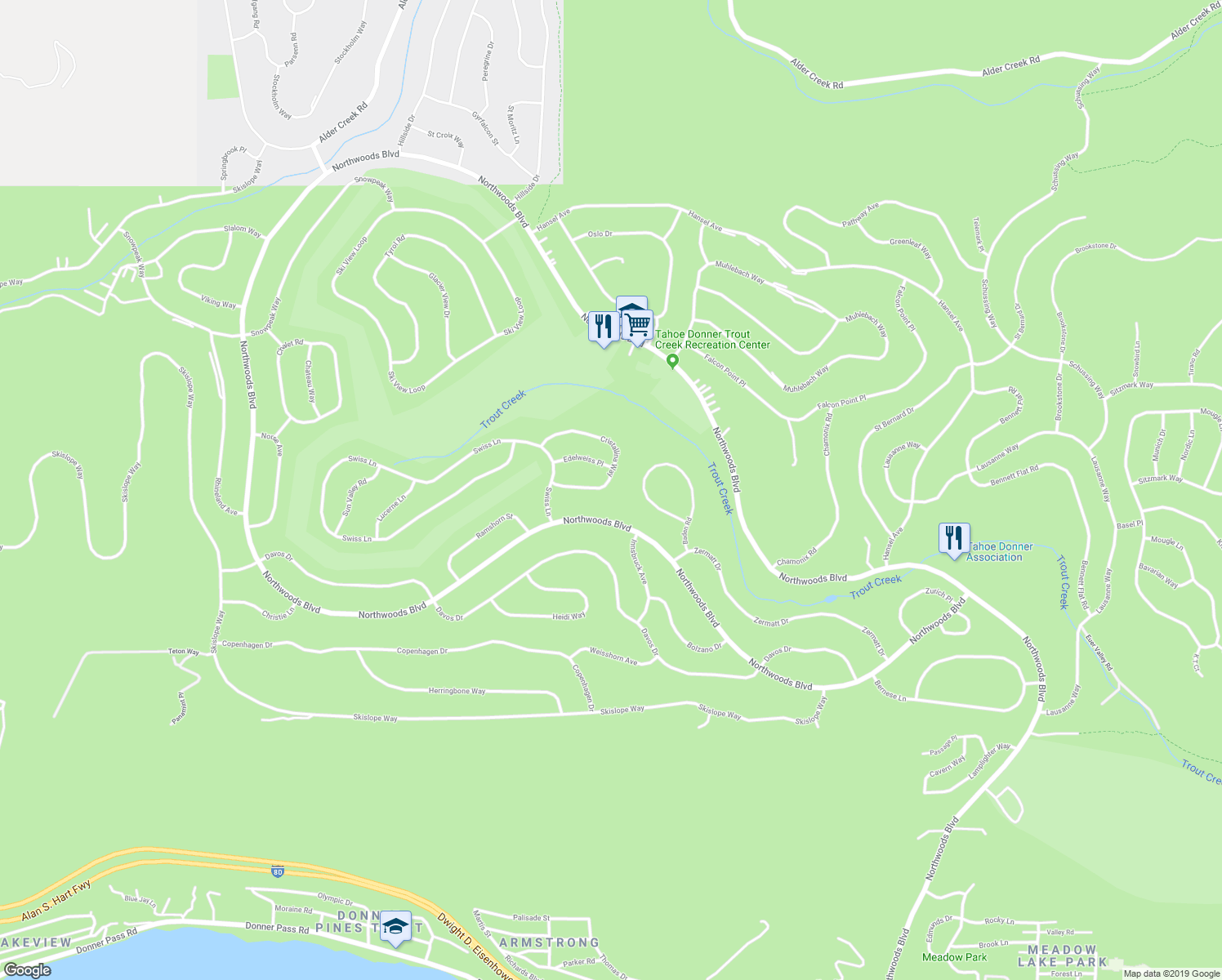 map of restaurants, bars, coffee shops, grocery stores, and more near 13617 Cristallina Way in Truckee