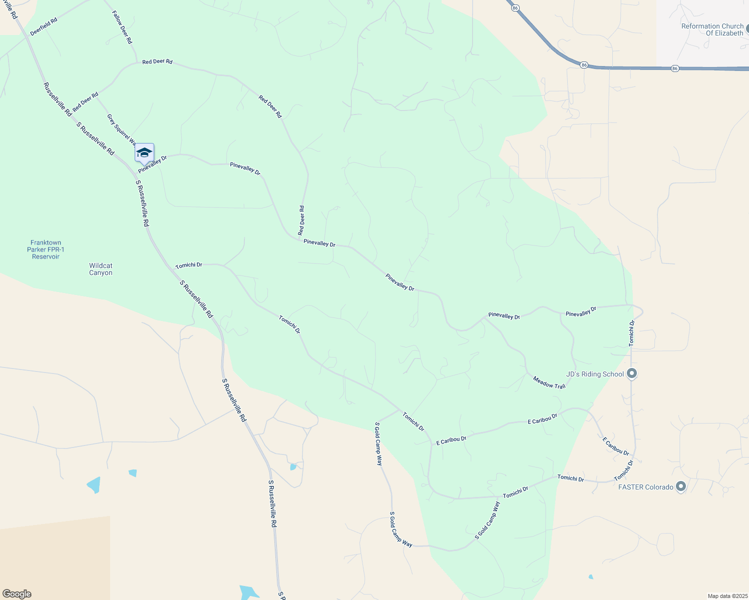 map of restaurants, bars, coffee shops, grocery stores, and more near 1096 South Tincup Way in Franktown