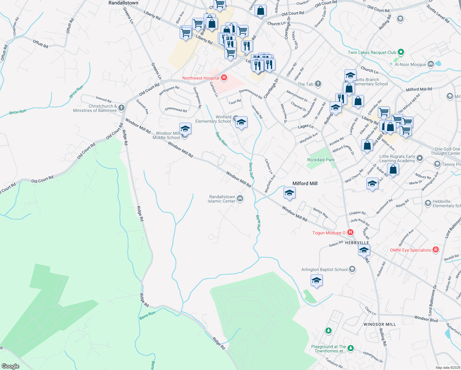 map of restaurants, bars, coffee shops, grocery stores, and more near 8009 Windsor Mill Road in Milford Mill