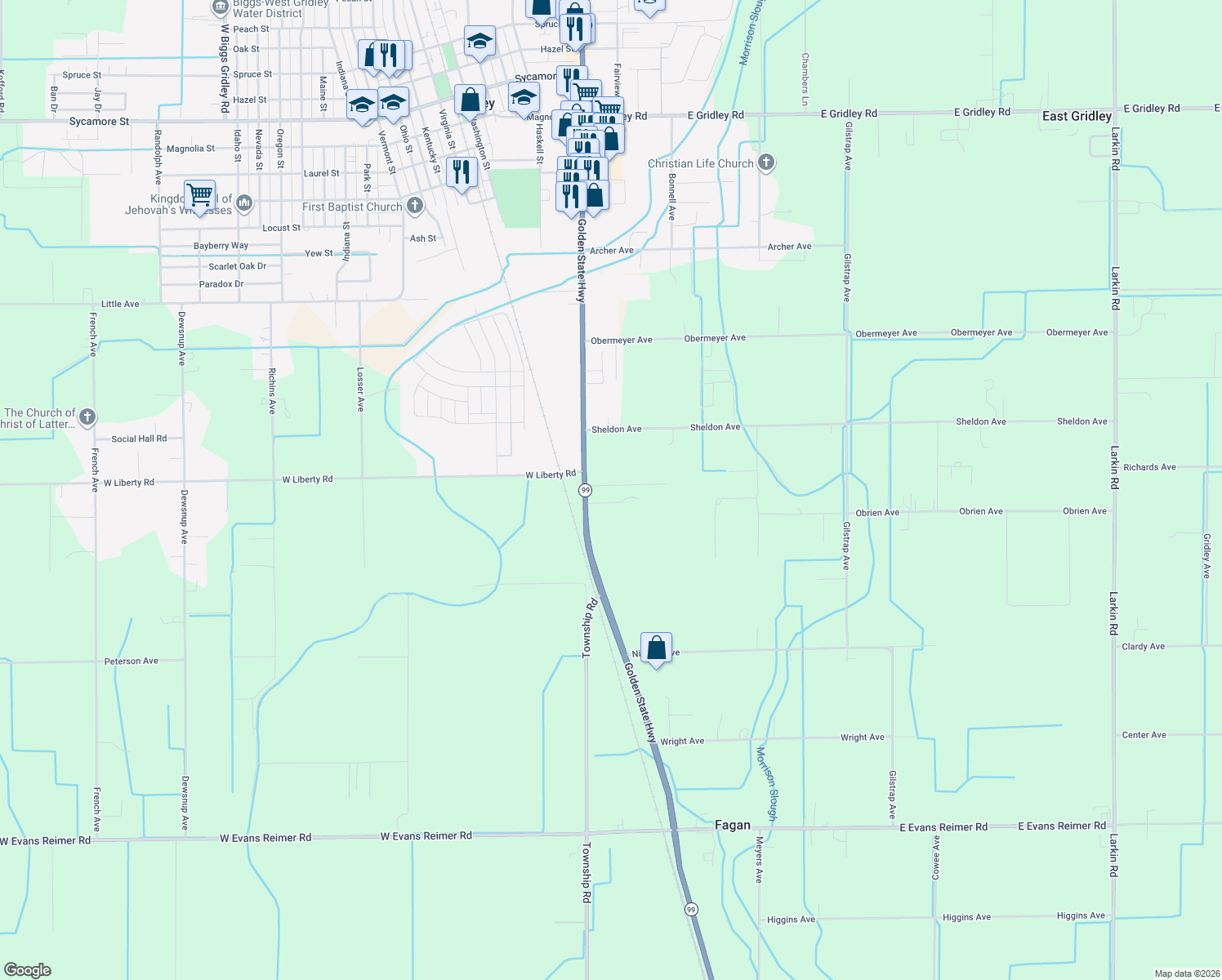 map of restaurants, bars, coffee shops, grocery stores, and more near 30 Hollis Lane in Gridley