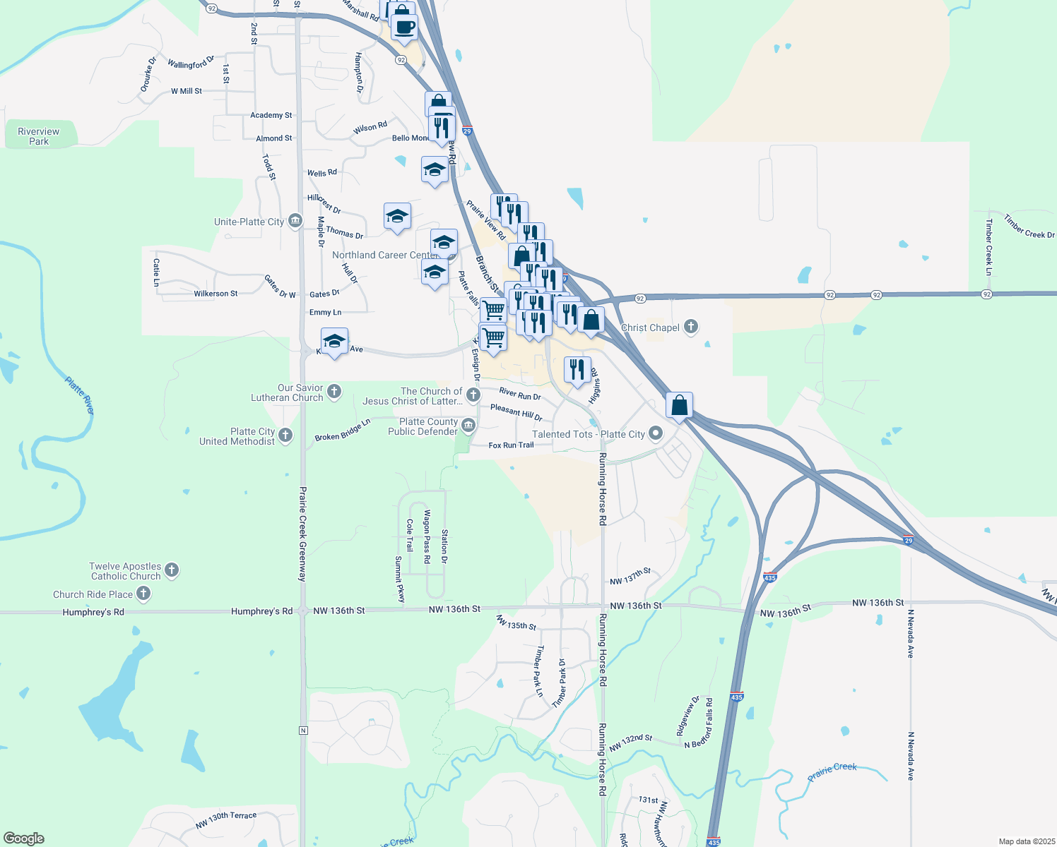 map of restaurants, bars, coffee shops, grocery stores, and more near 2901 Willow Terrace in Platte City