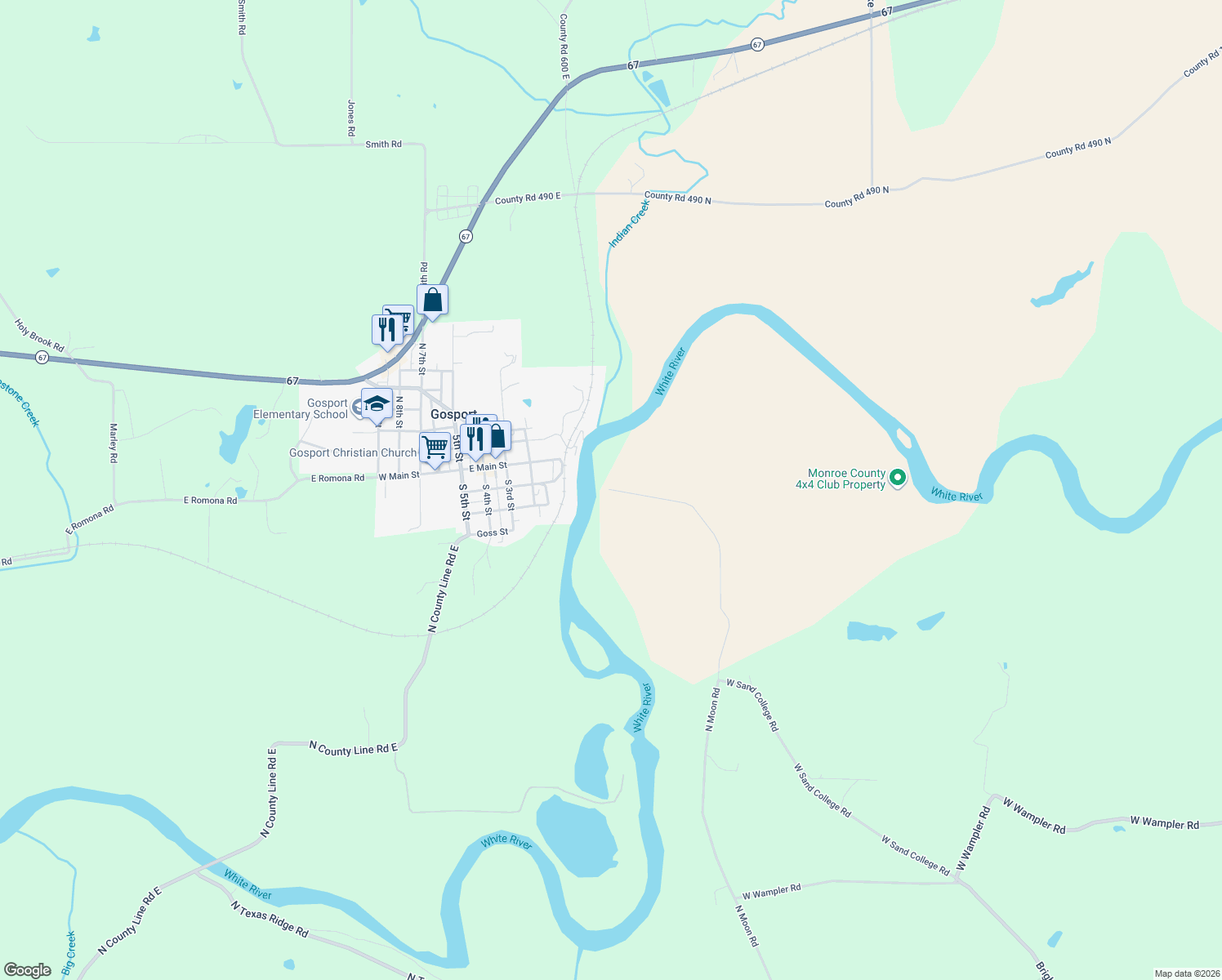 map of restaurants, bars, coffee shops, grocery stores, and more near 9899 North Moon Road in Gosport