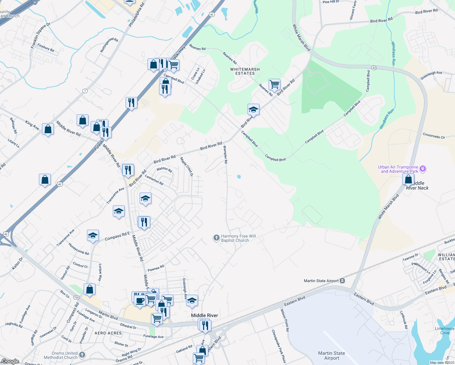 map of restaurants, bars, coffee shops, grocery stores, and more near 1007 Wampler Road in Middle River