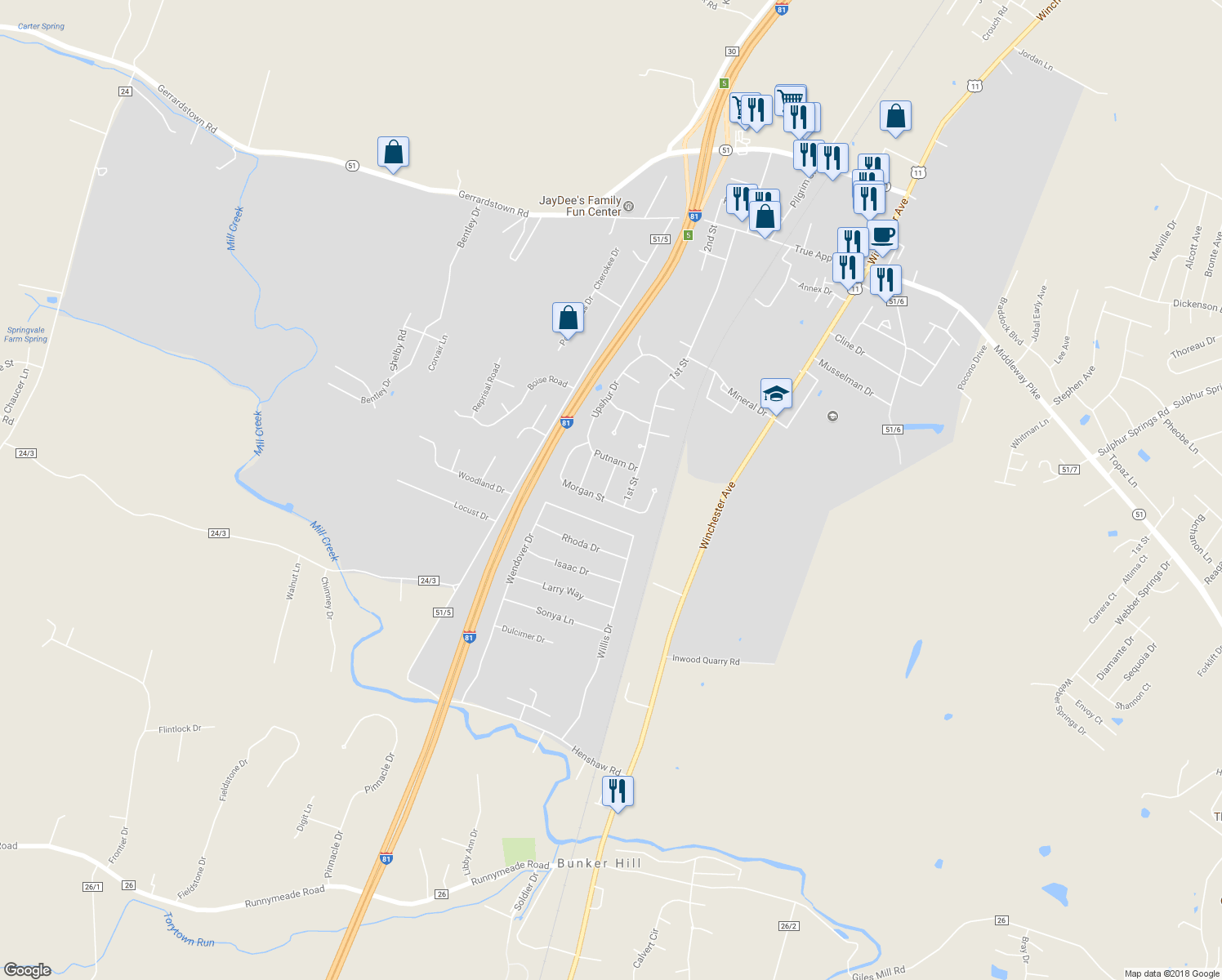 map of restaurants, bars, coffee shops, grocery stores, and more near 83 Declaration Drive in Inwood