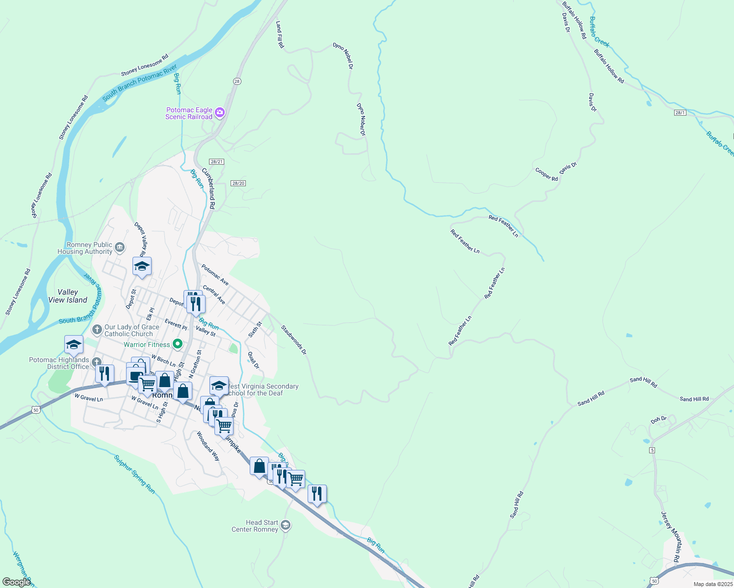 map of restaurants, bars, coffee shops, grocery stores, and more near 124 Woodridge Trail in Romney
