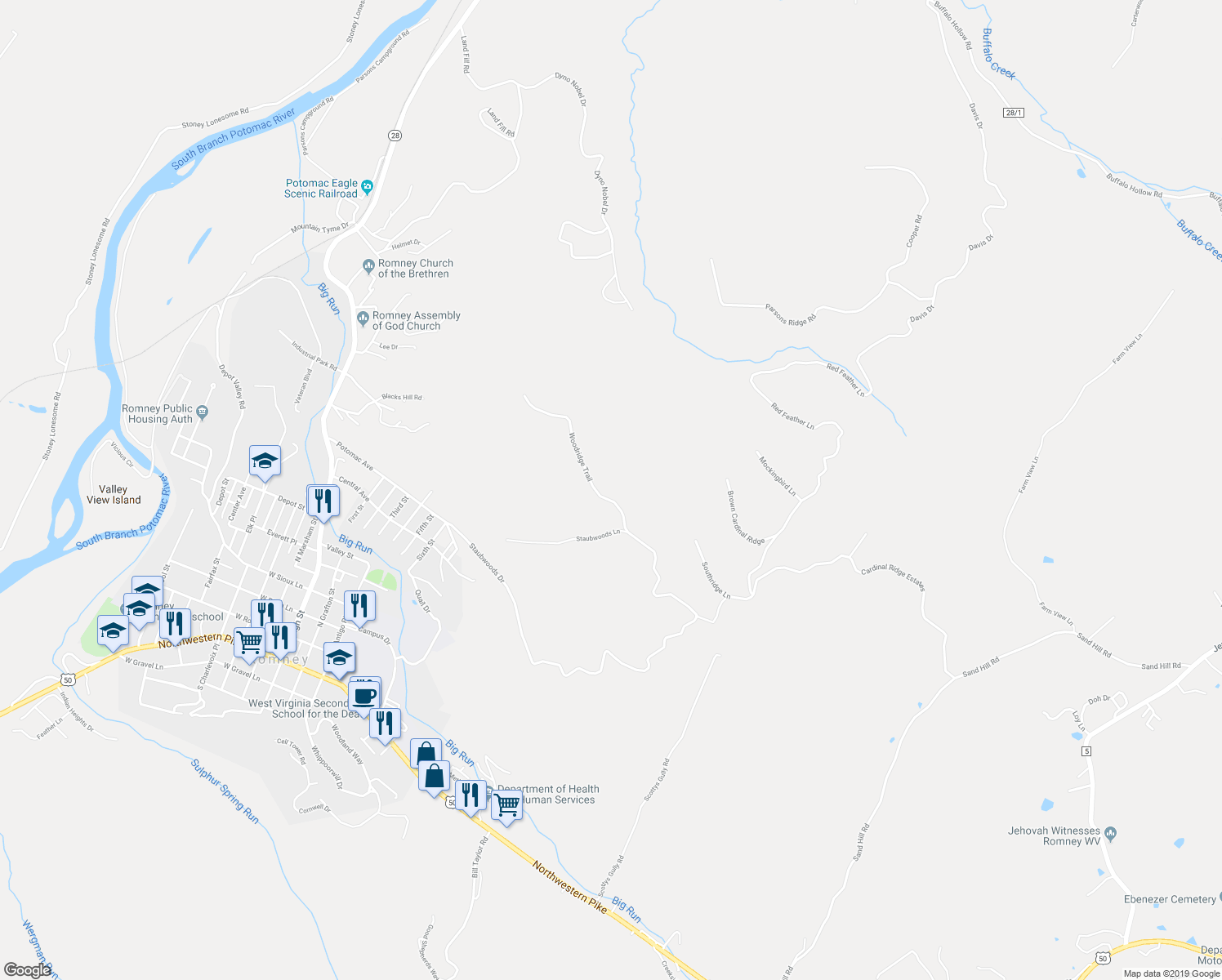 map of restaurants, bars, coffee shops, grocery stores, and more near 124 Woodridge Trail in Romney