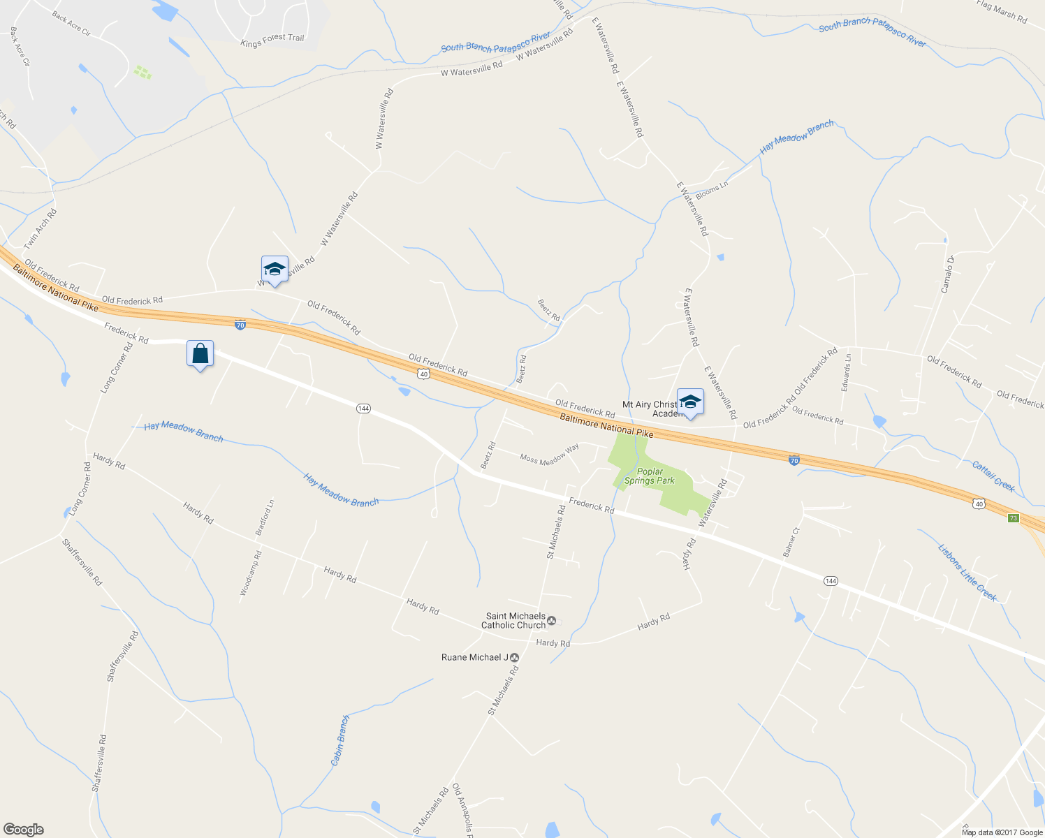 map of restaurants, bars, coffee shops, grocery stores, and more near 811 Beetz Road in Mount Airy