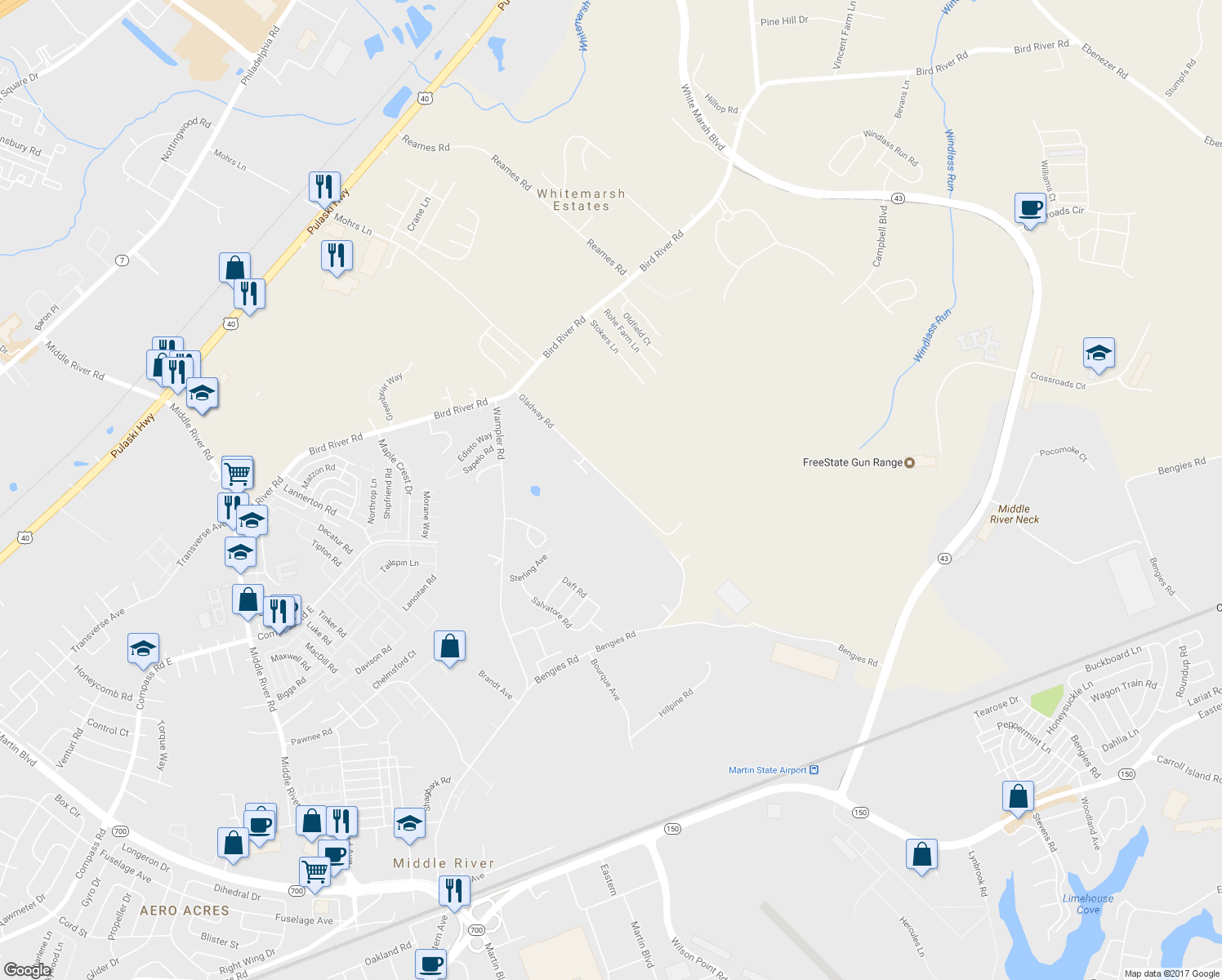 map of restaurants, bars, coffee shops, grocery stores, and more near 1004 Gladway Road in Middle River