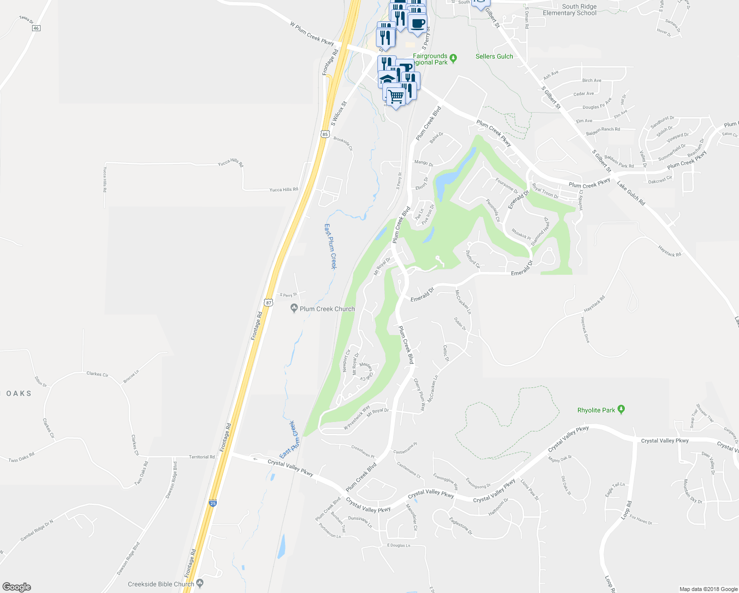 map of restaurants, bars, coffee shops, grocery stores, and more near 2503 Innisbrook Court in Castle Rock