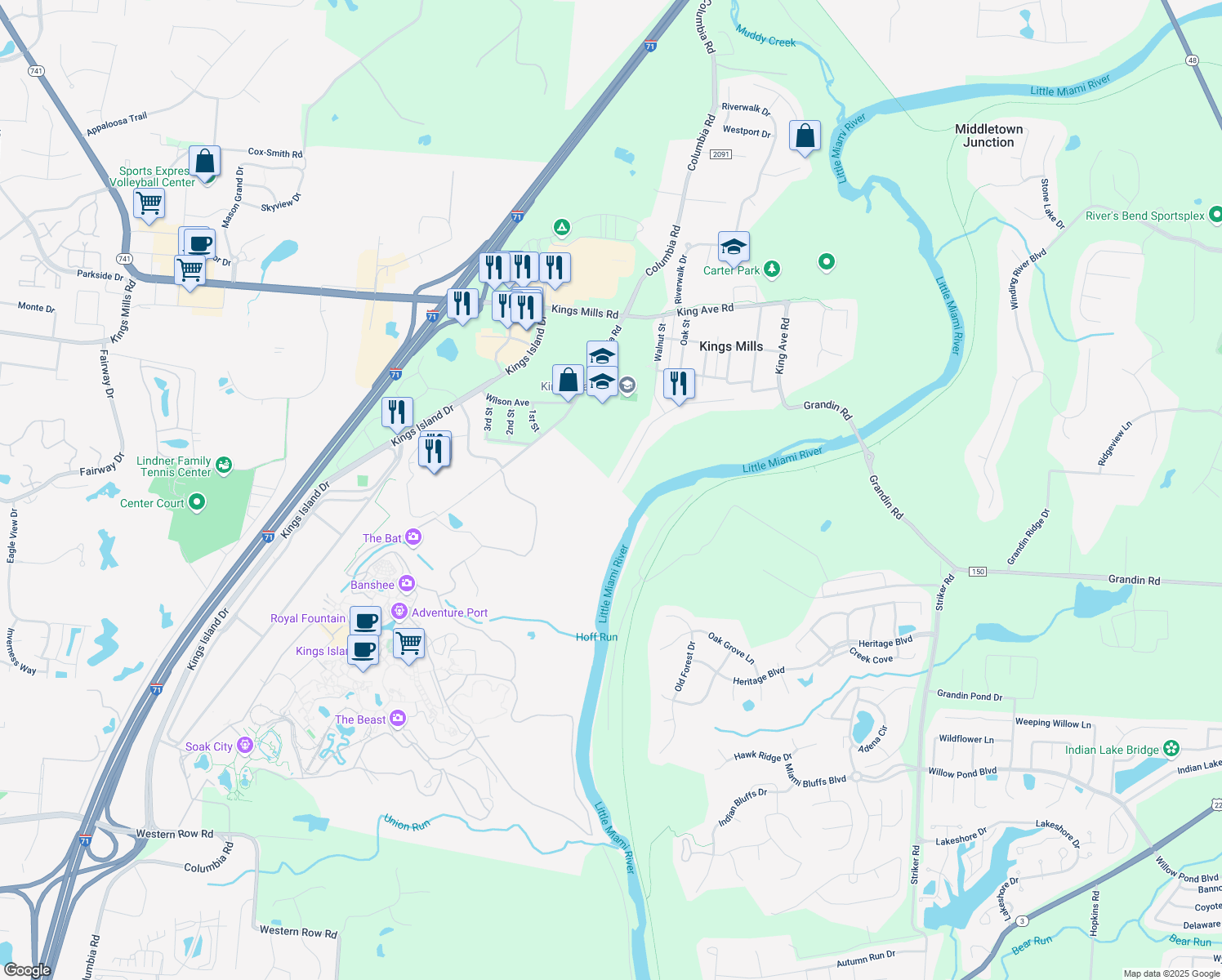 map of restaurants, bars, coffee shops, grocery stores, and more near 2142 Riverwood Trail in Kings Mills