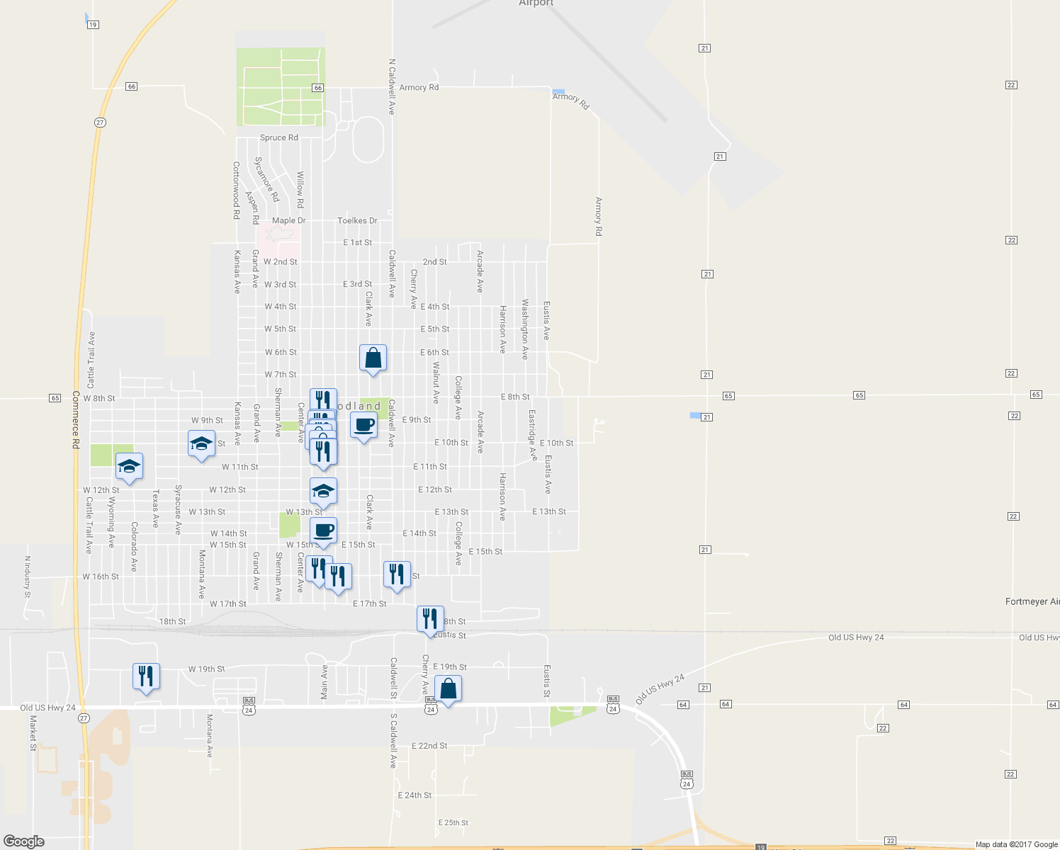 map of restaurants, bars, coffee shops, grocery stores, and more near 814 Eastridge Avenue in Goodland