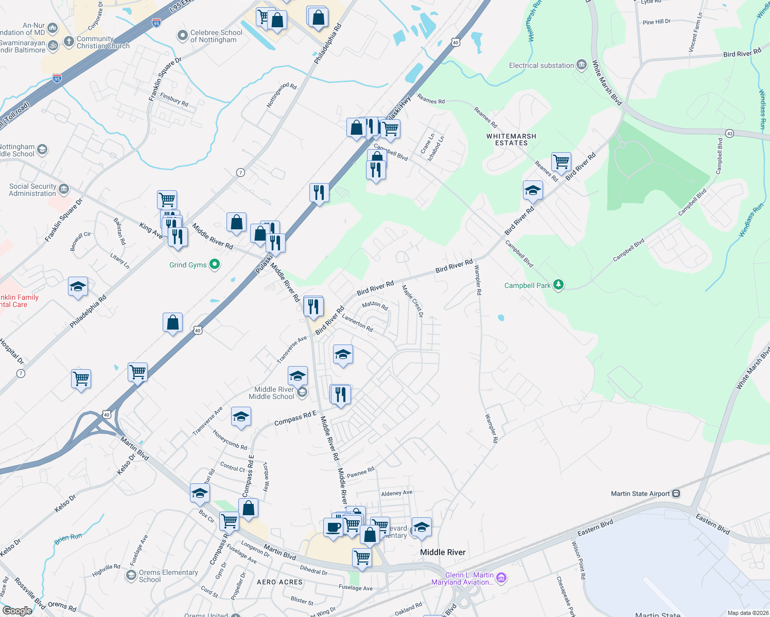 map of restaurants, bars, coffee shops, grocery stores, and more near 9753 Matzon Road in Middle River