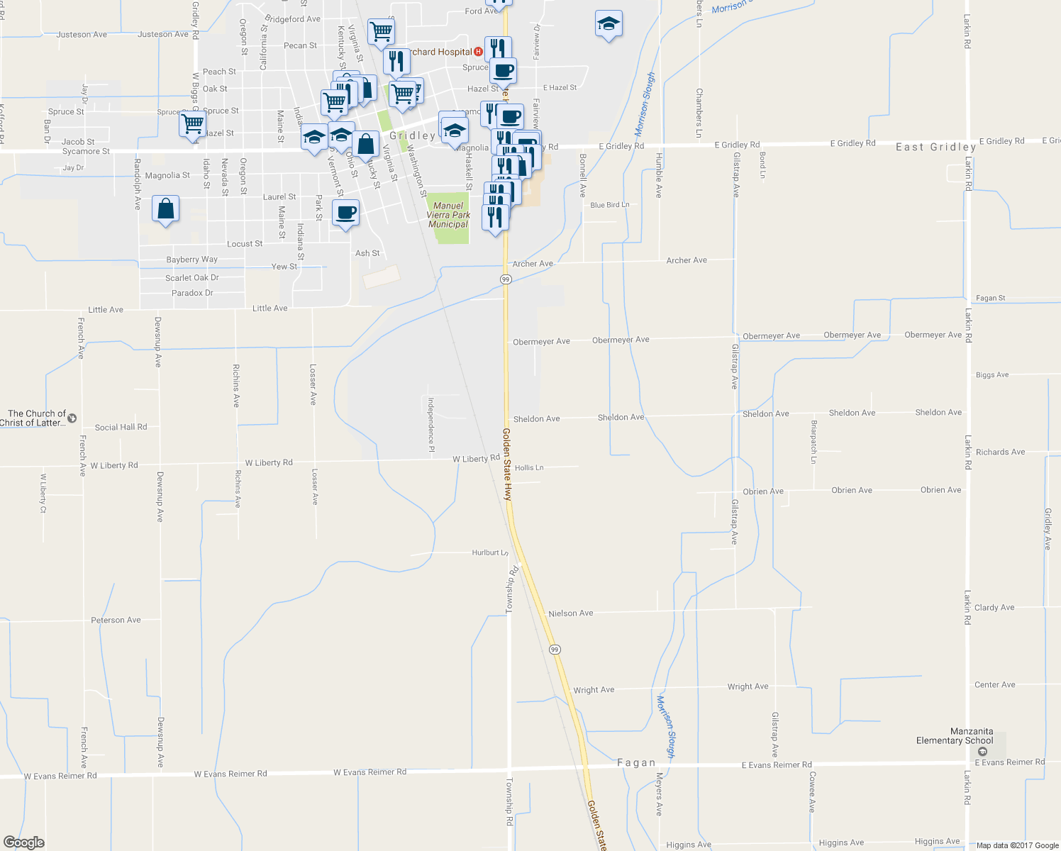 map of restaurants, bars, coffee shops, grocery stores, and more near 32 Sheldon Avenue in Gridley
