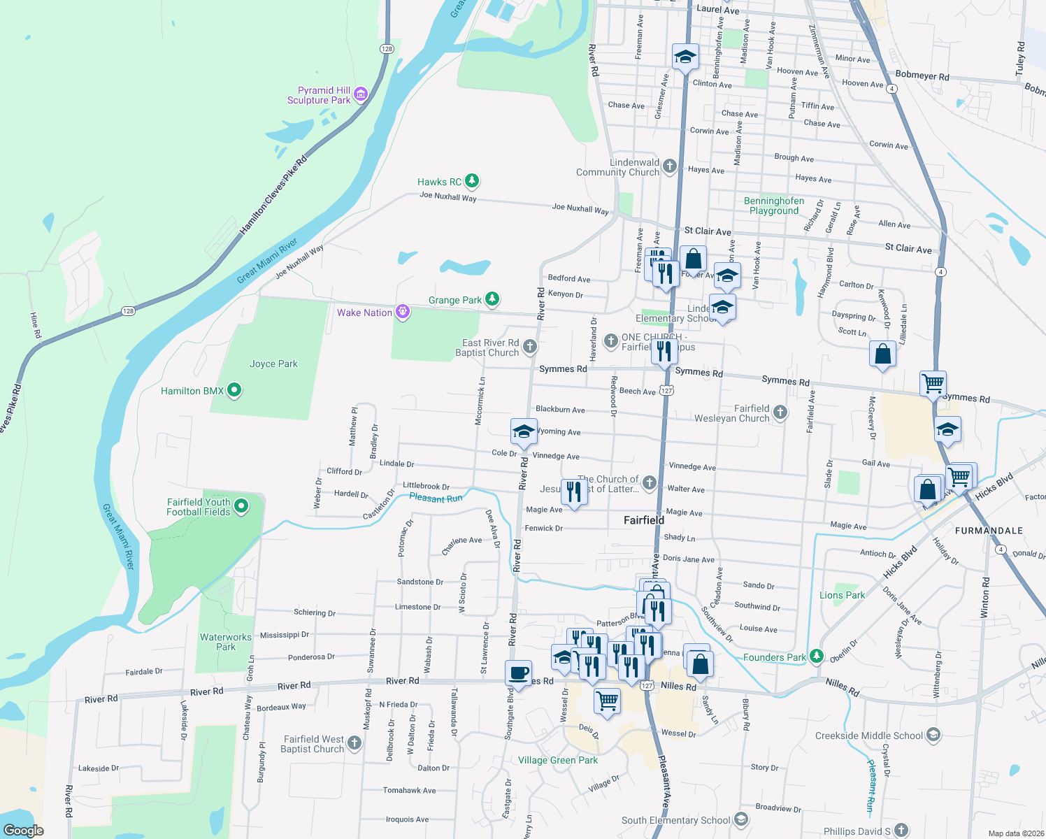 map of restaurants, bars, coffee shops, grocery stores, and more near 4669 River Road in Fairfield
