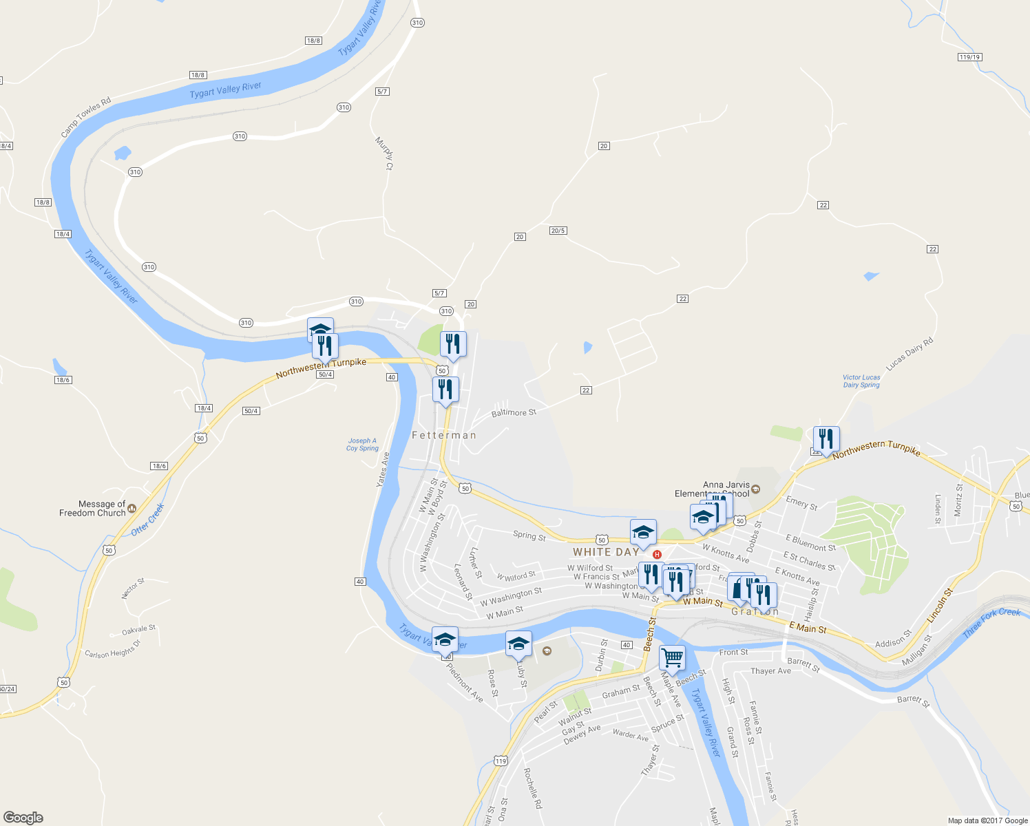 map of restaurants, bars, coffee shops, grocery stores, and more near Baltimore Street in Grafton