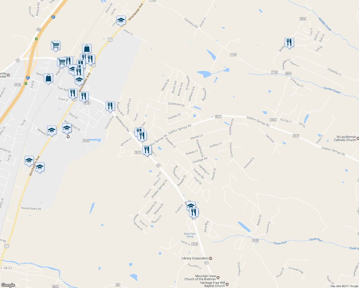 map of restaurants, bars, coffee shops, grocery stores, and more near 64 Shickle Lane in Inwood