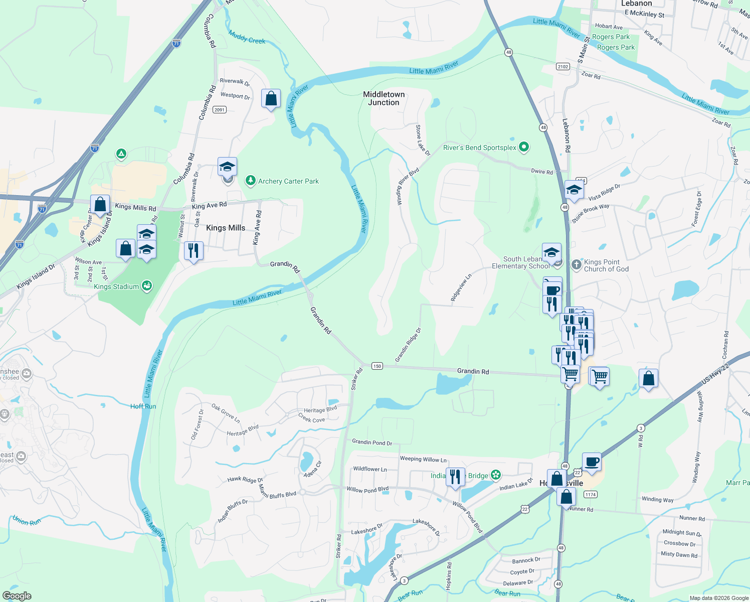 map of restaurants, bars, coffee shops, grocery stores, and more near 5853 Grand Legacy Dr in Maineville