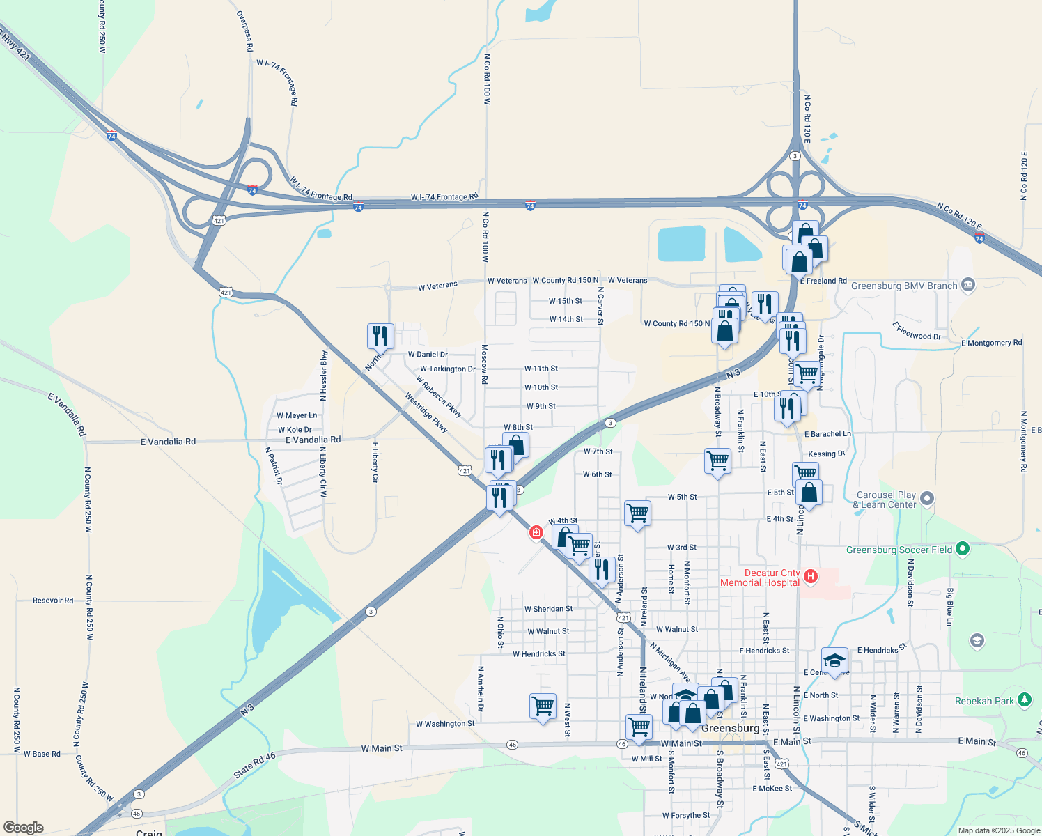 map of restaurants, bars, coffee shops, grocery stores, and more near 1515 North Brandt Street in Greensburg