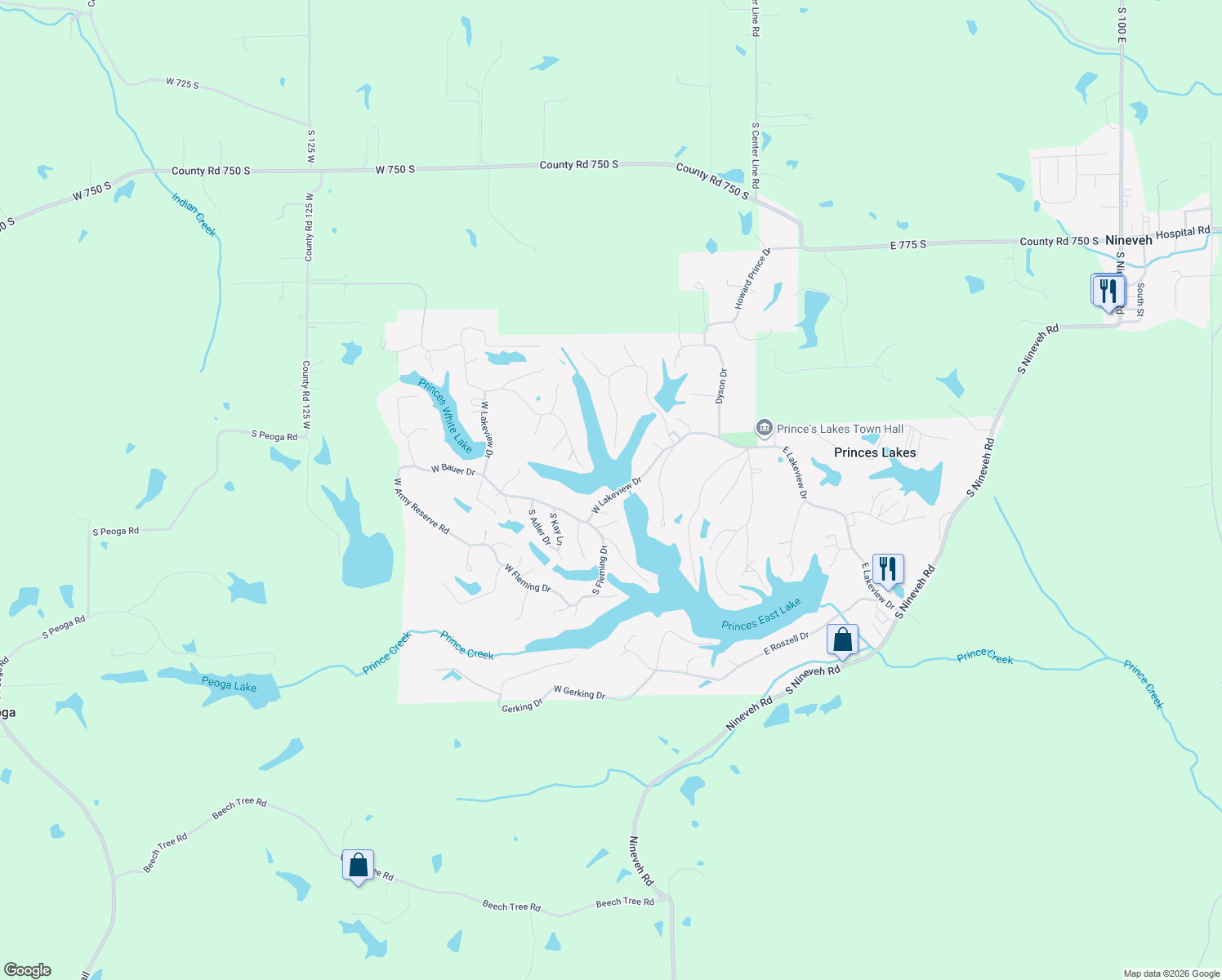 map of restaurants, bars, coffee shops, grocery stores, and more near 398 West Lakeview Drive in Princes Lakes