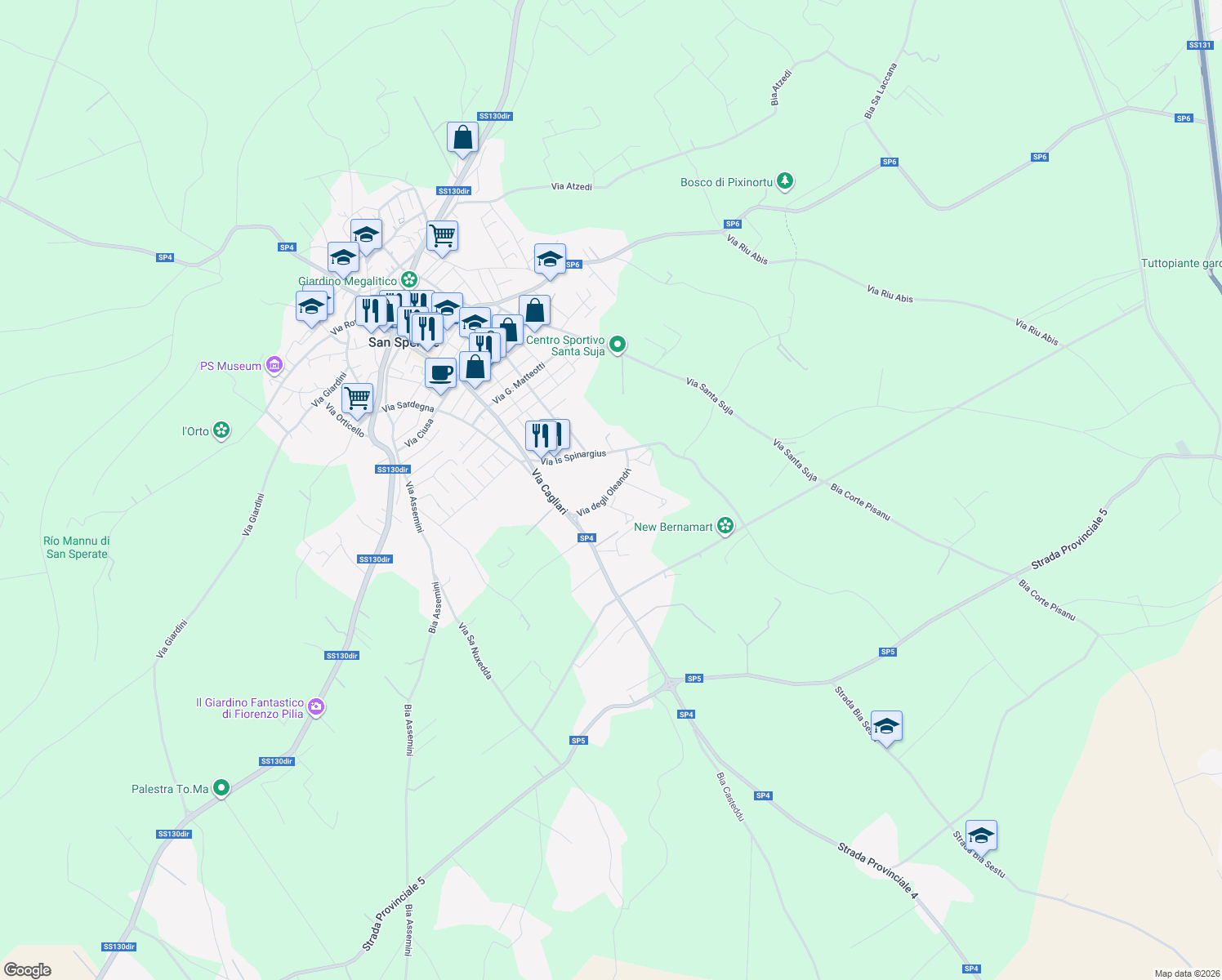 map of restaurants, bars, coffee shops, grocery stores, and more near Via Degli Asfodeli in San Sperate