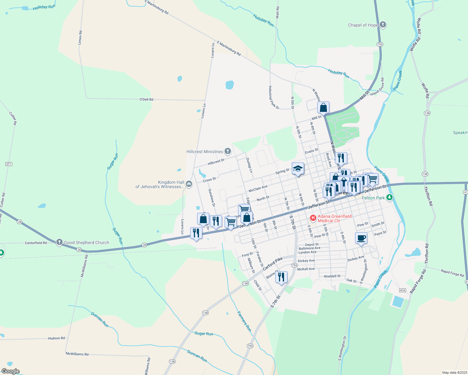 map of restaurants, bars, coffee shops, grocery stores, and more near 1012 Spring Street in Greenfield