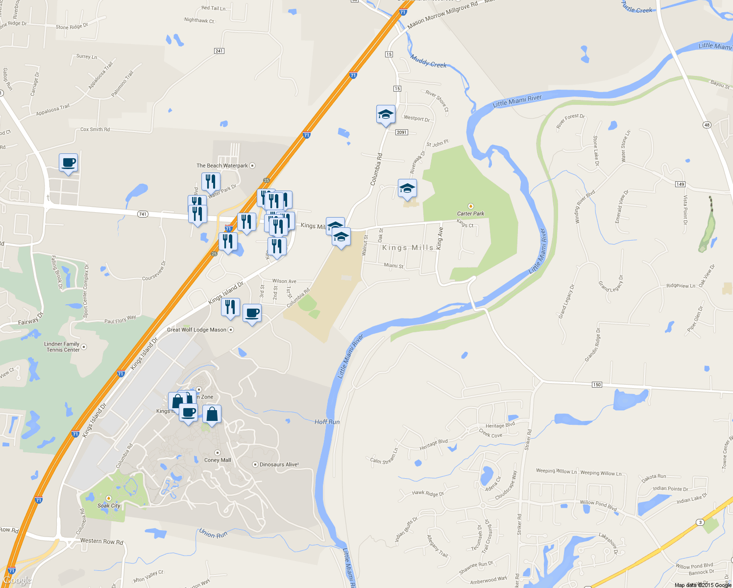 map of restaurants, bars, coffee shops, grocery stores, and more near 1913 Riverwood Trail in Kings Mills