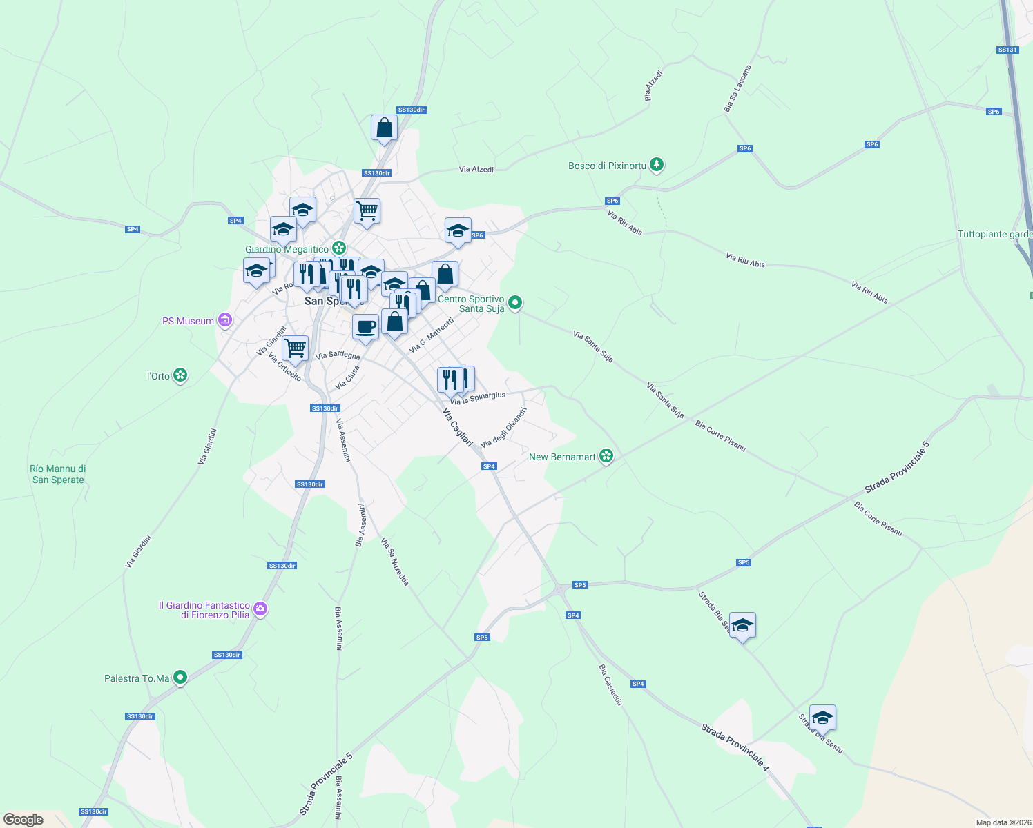 map of restaurants, bars, coffee shops, grocery stores, and more near Via Degli Asfodeli in San Sperate