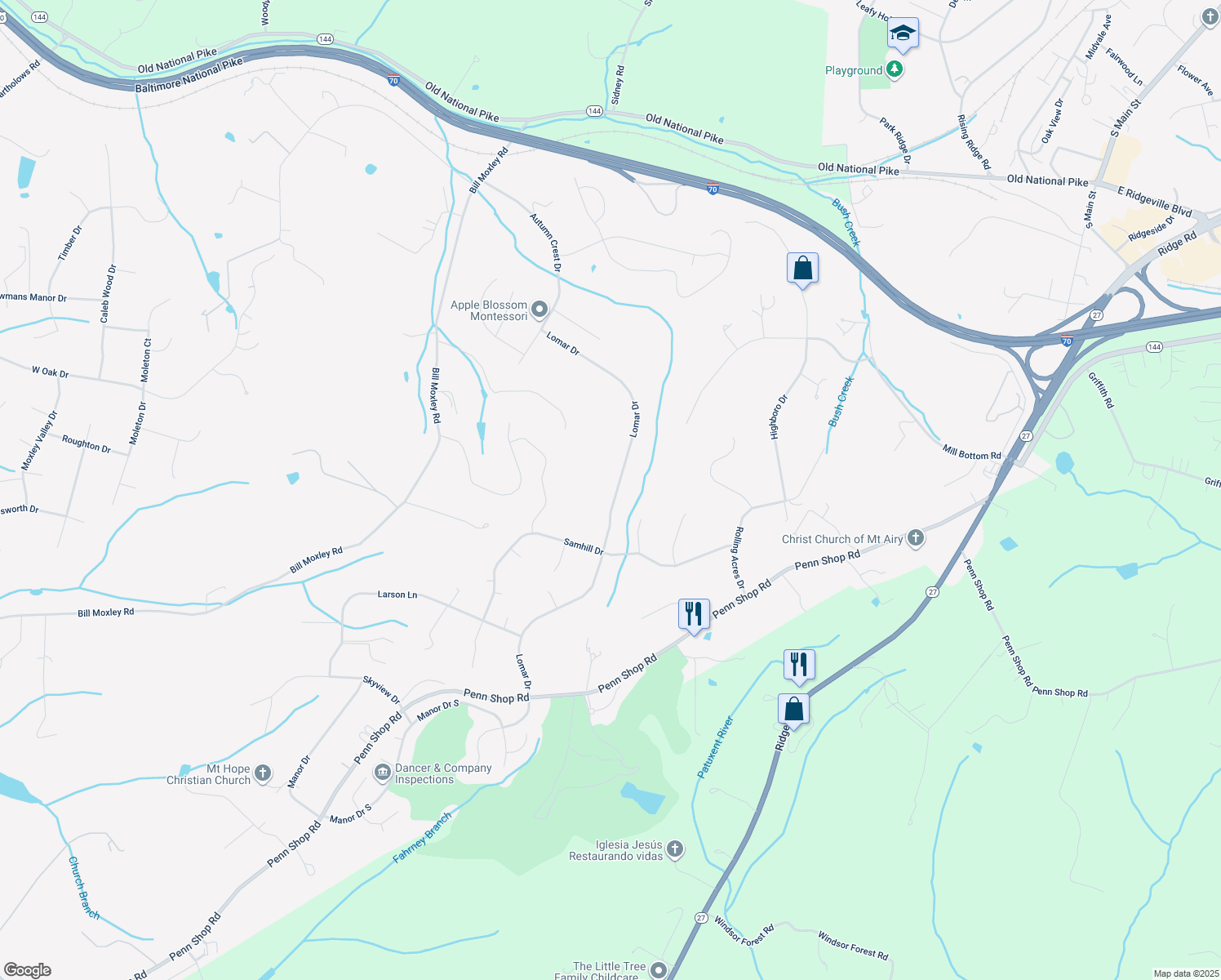 map of restaurants, bars, coffee shops, grocery stores, and more near 4042 Lomar Drive in Mount Airy
