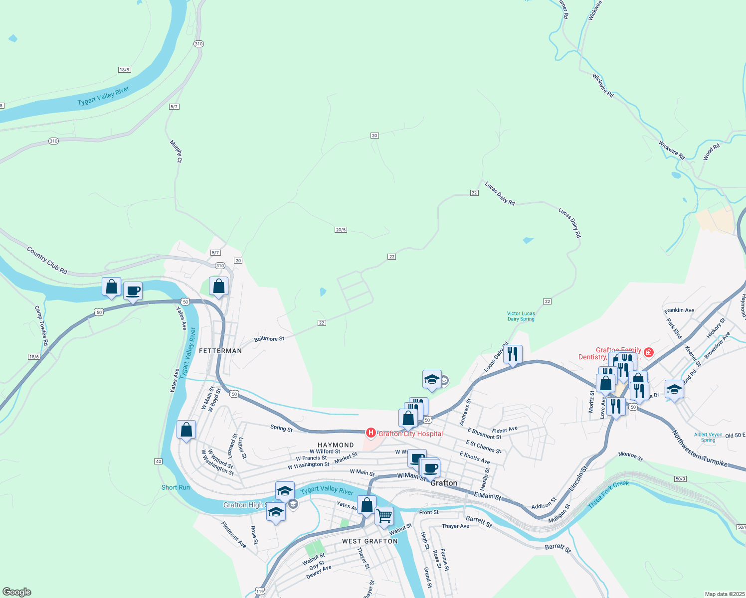 map of restaurants, bars, coffee shops, grocery stores, and more near County Route 22 in Grafton