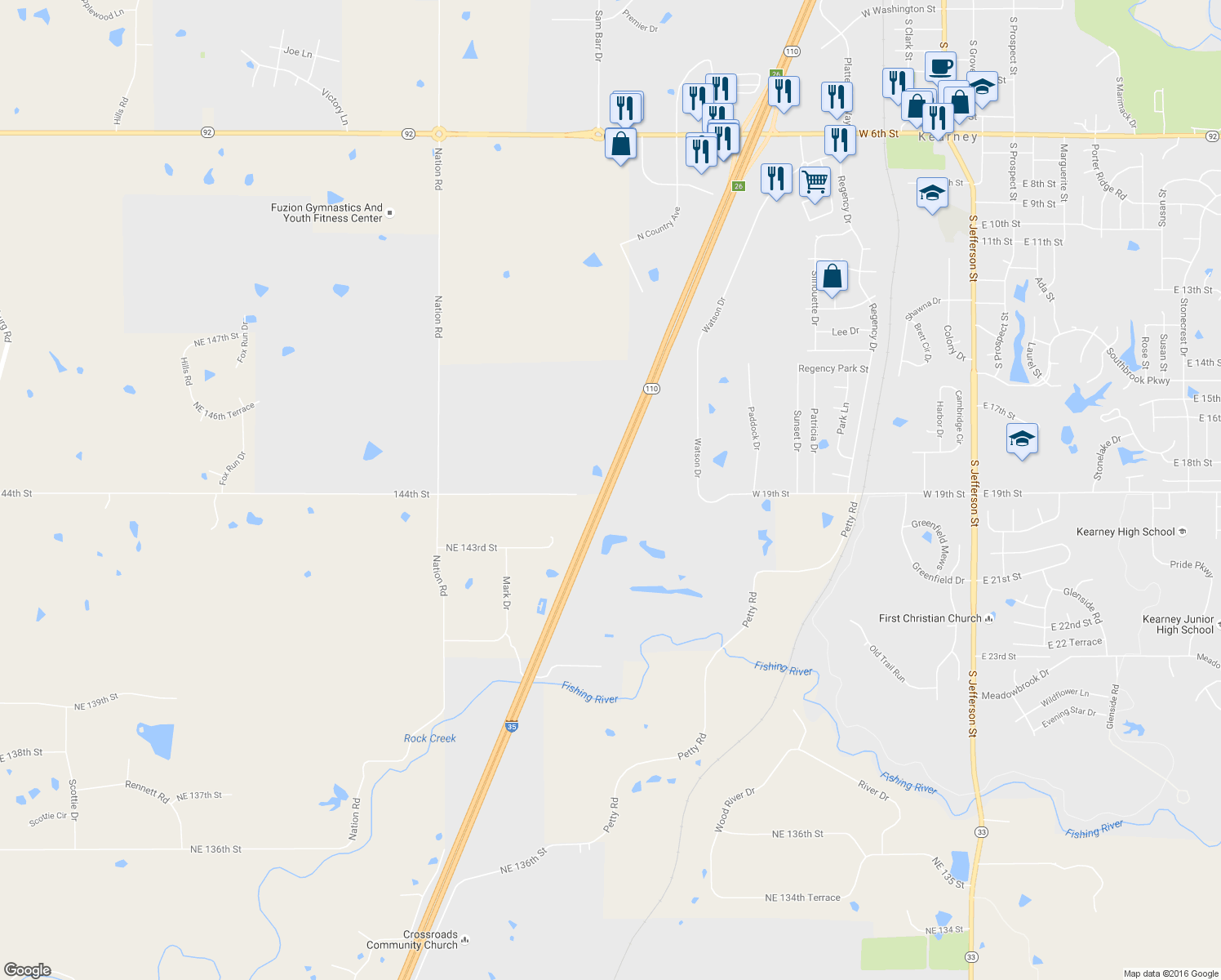 map of restaurants, bars, coffee shops, grocery stores, and more near Chicago–Kansas City Expressway in Kearney