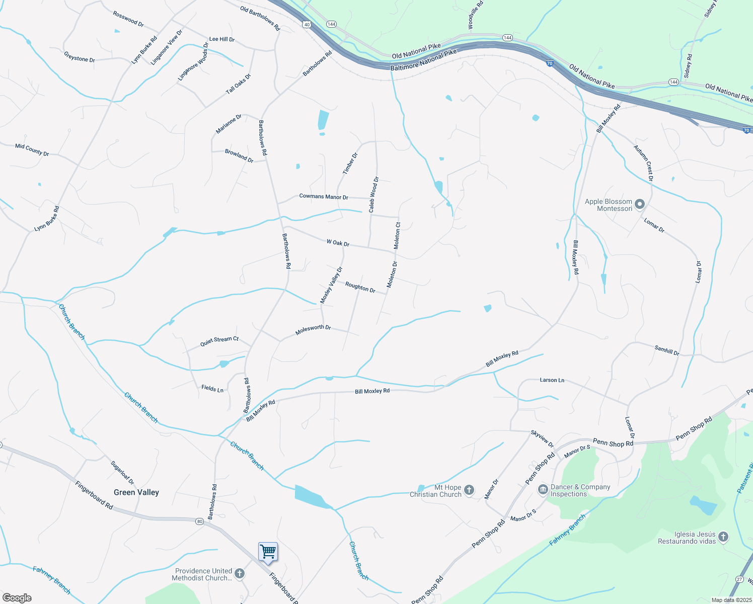 map of restaurants, bars, coffee shops, grocery stores, and more near 4396 Moleton Drive in Mount Airy