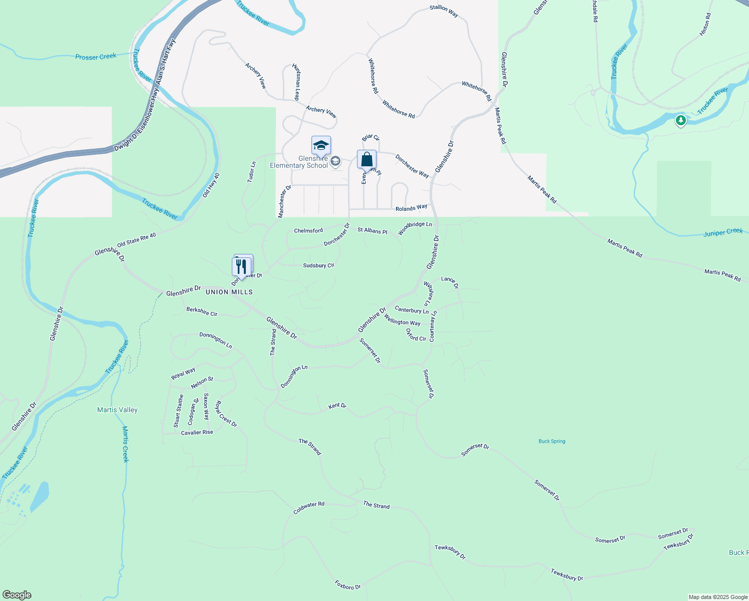 map of restaurants, bars, coffee shops, grocery stores, and more near 15894 Wellington Way in Truckee