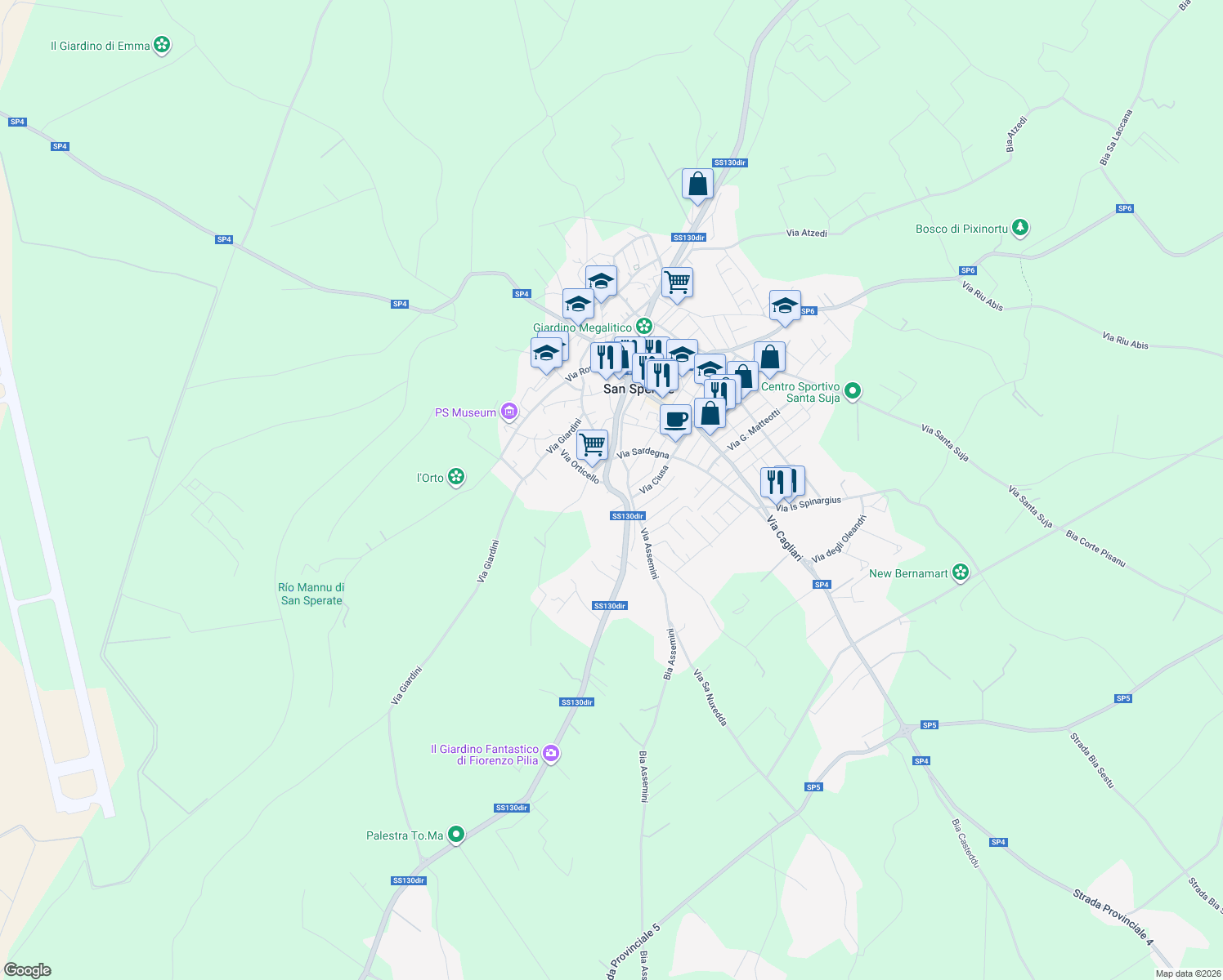 map of restaurants, bars, coffee shops, grocery stores, and more near 34 Via Assemini in San Sperate