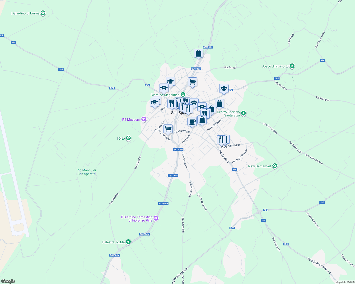 map of restaurants, bars, coffee shops, grocery stores, and more near 34 Via Assemini in San Sperate