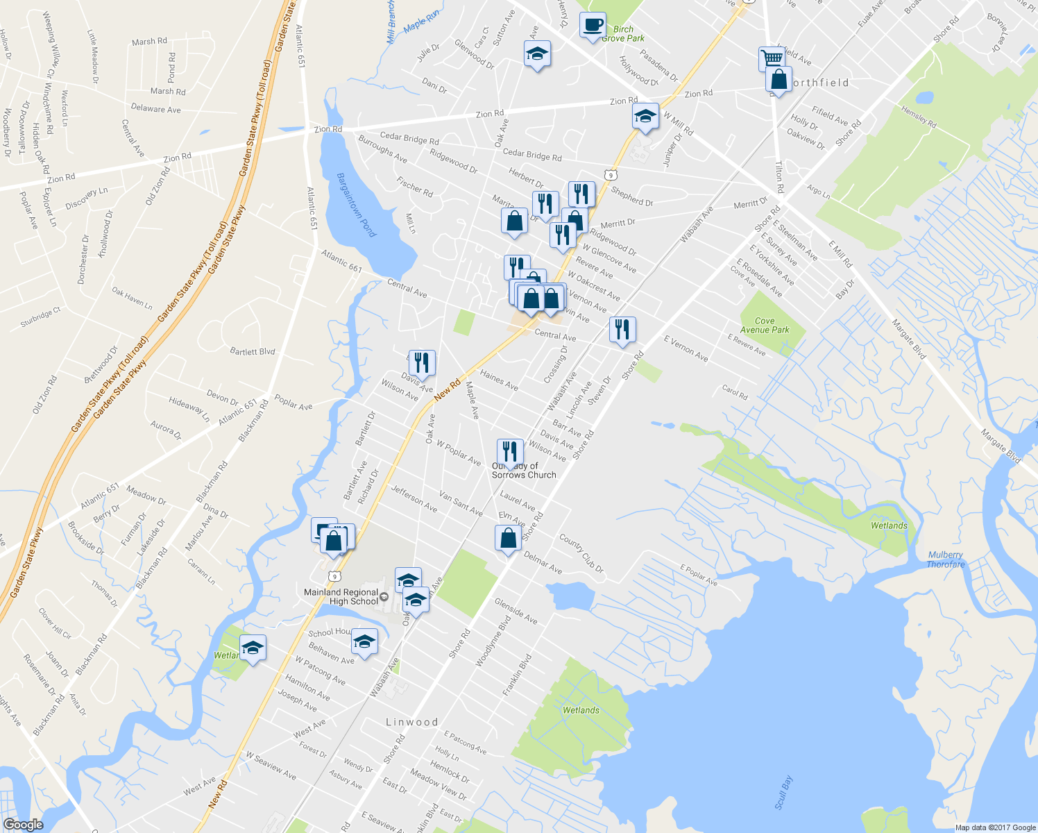 map of restaurants, bars, coffee shops, grocery stores, and more near 201 Davis Avenue in Linwood