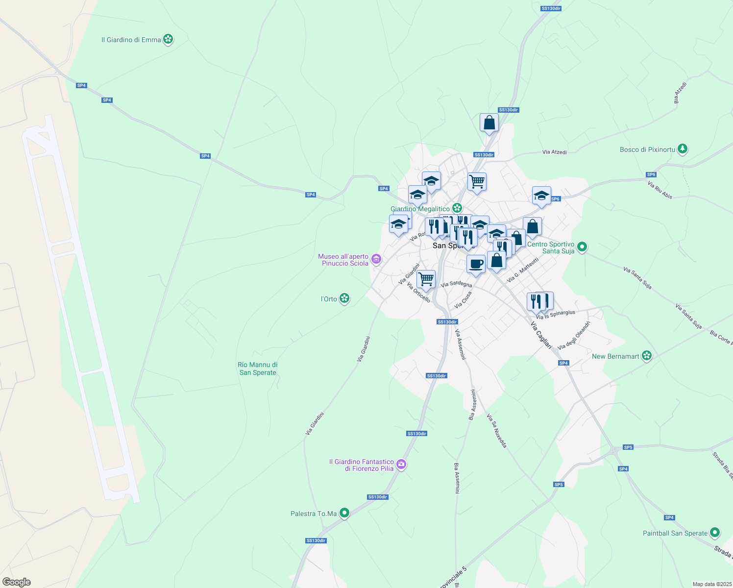 map of restaurants, bars, coffee shops, grocery stores, and more near 101 Via San Sebastiano in San Sperate