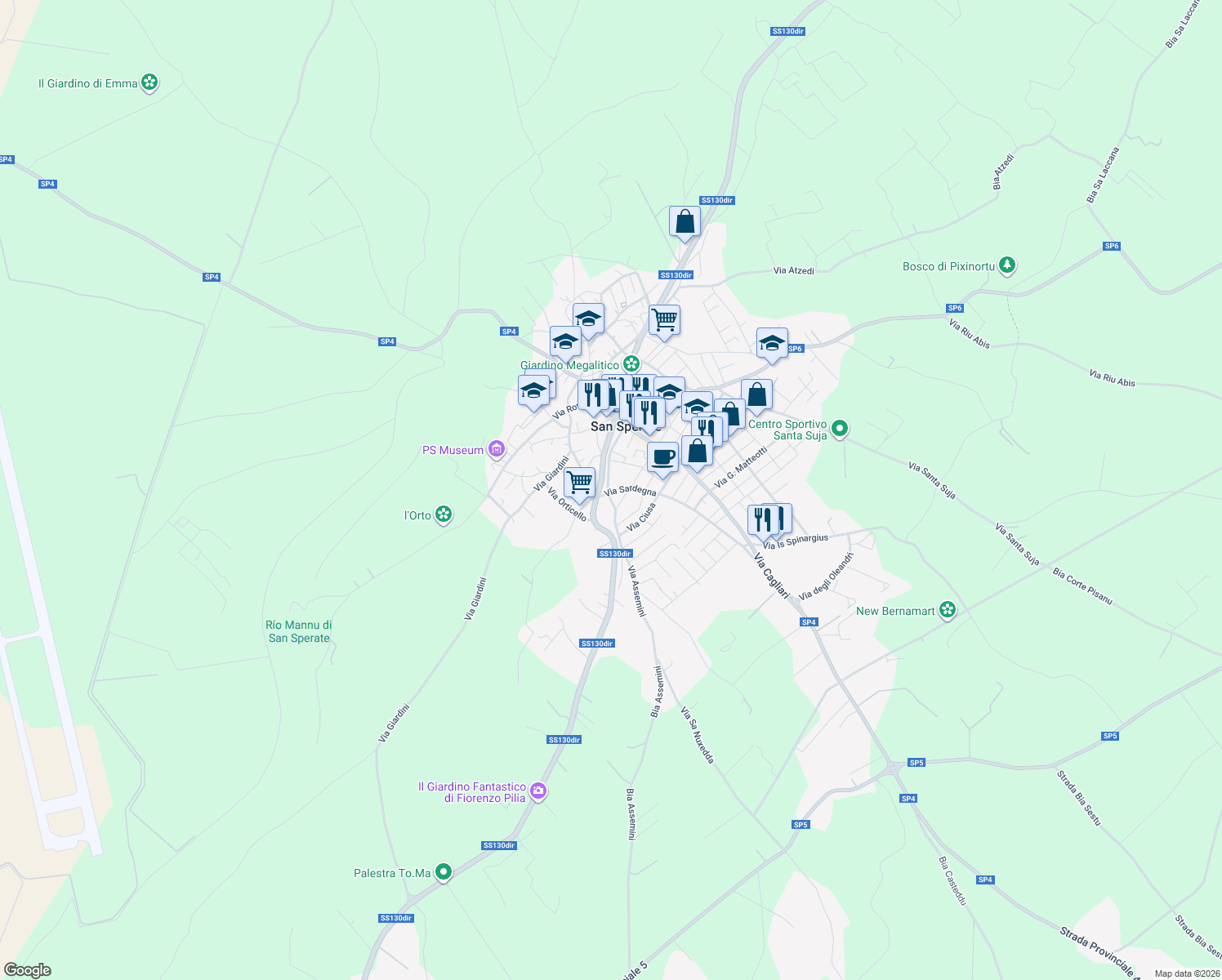 map of restaurants, bars, coffee shops, grocery stores, and more near 91 Via Rio Concias in San Sperate