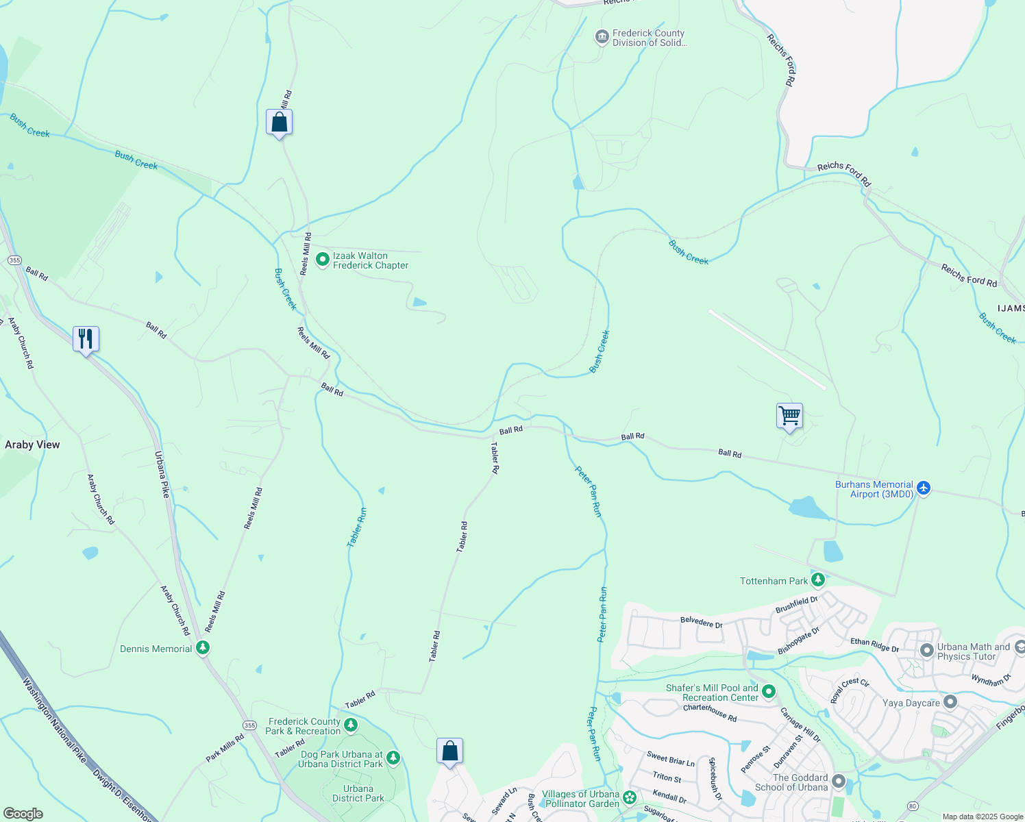 map of restaurants, bars, coffee shops, grocery stores, and more near 8730 Ball Road in Ijamsville