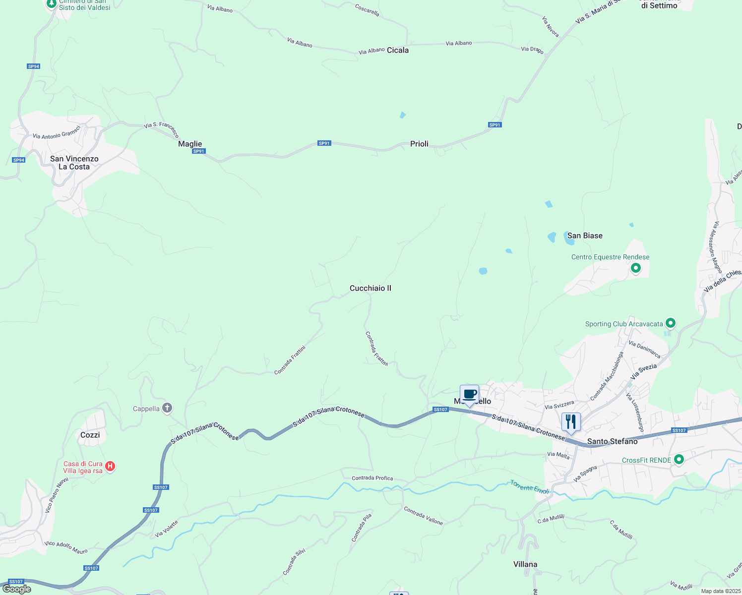 map of restaurants, bars, coffee shops, grocery stores, and more near 75 Contrada Frattini in Provincia di Cosenza