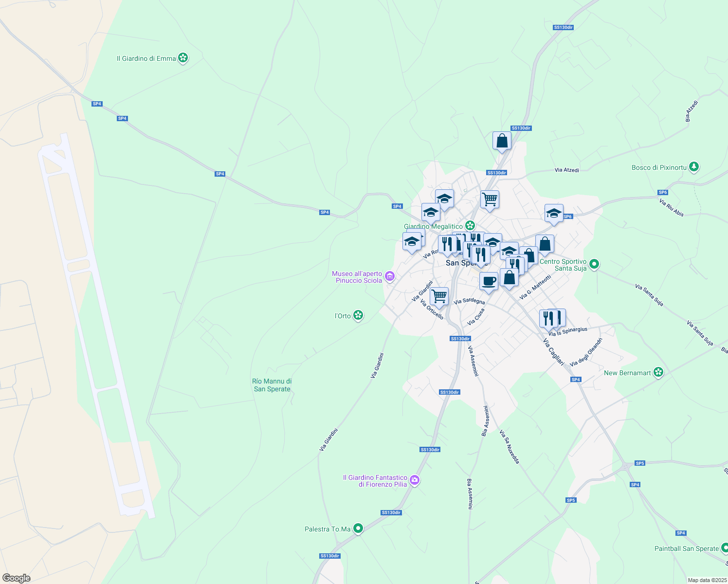 map of restaurants, bars, coffee shops, grocery stores, and more near 101 Via San Sebastiano in San Sperate