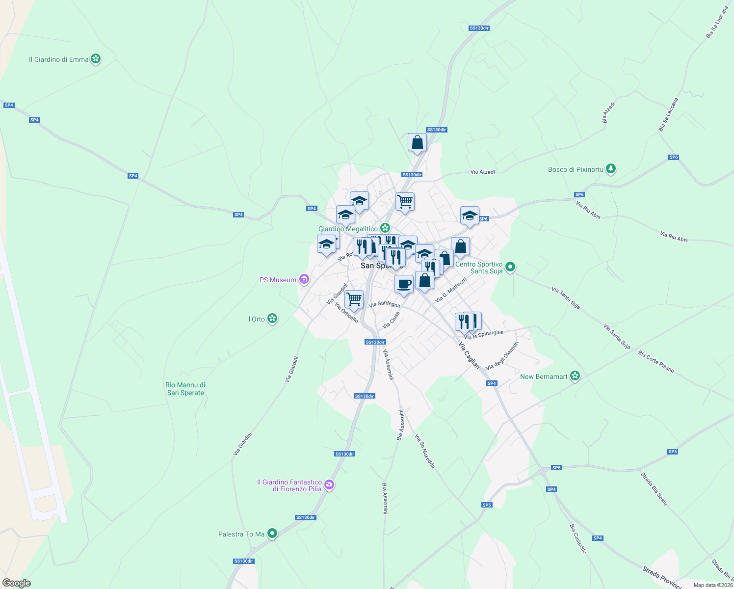 map of restaurants, bars, coffee shops, grocery stores, and more near 91 Via Rio Concias in San Sperate