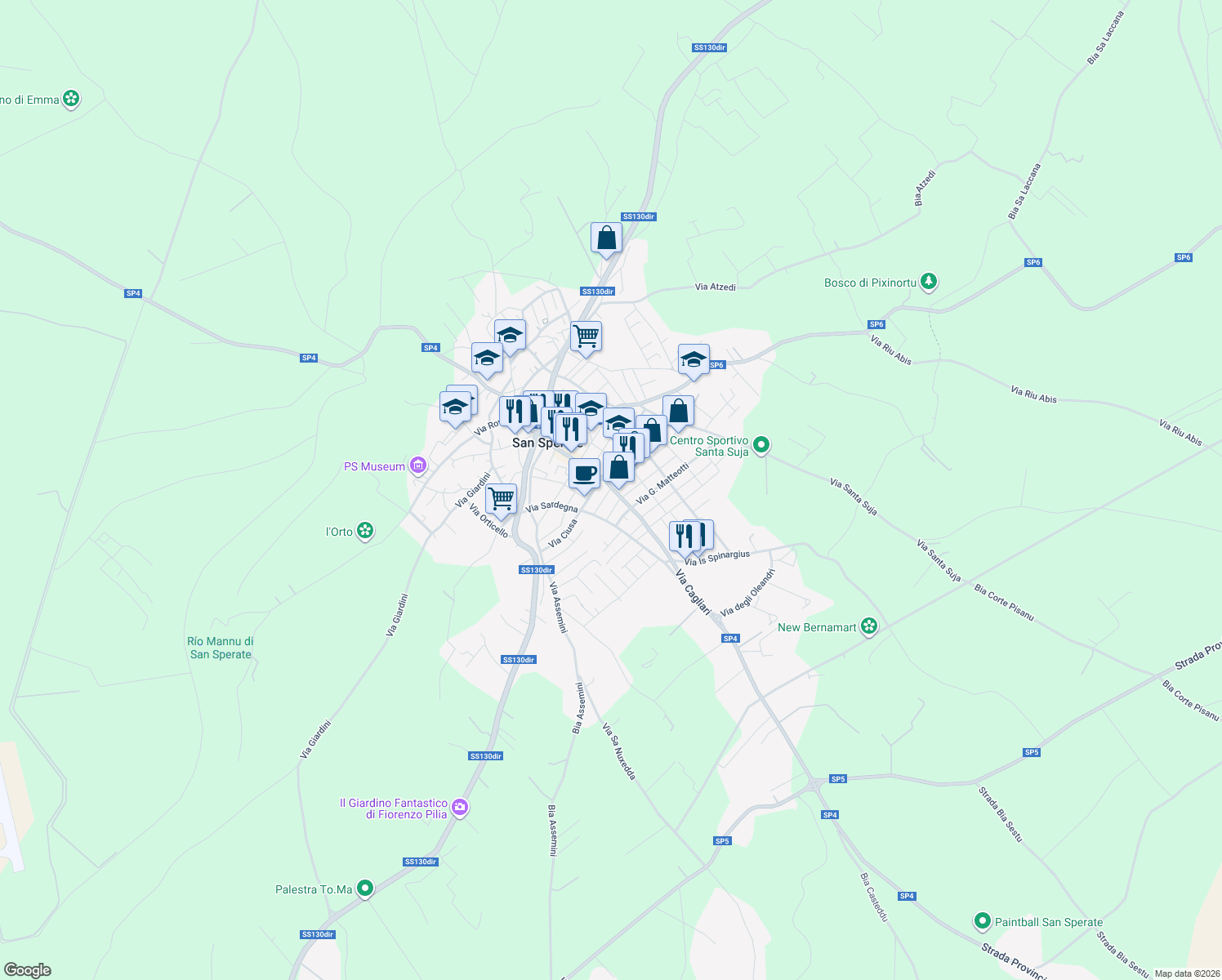 map of restaurants, bars, coffee shops, grocery stores, and more near 3 Via Sicilia in San Sperate