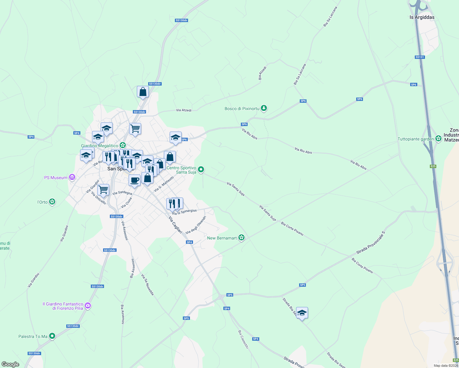 map of restaurants, bars, coffee shops, grocery stores, and more near 48 Via Santa Suja in San Sperate