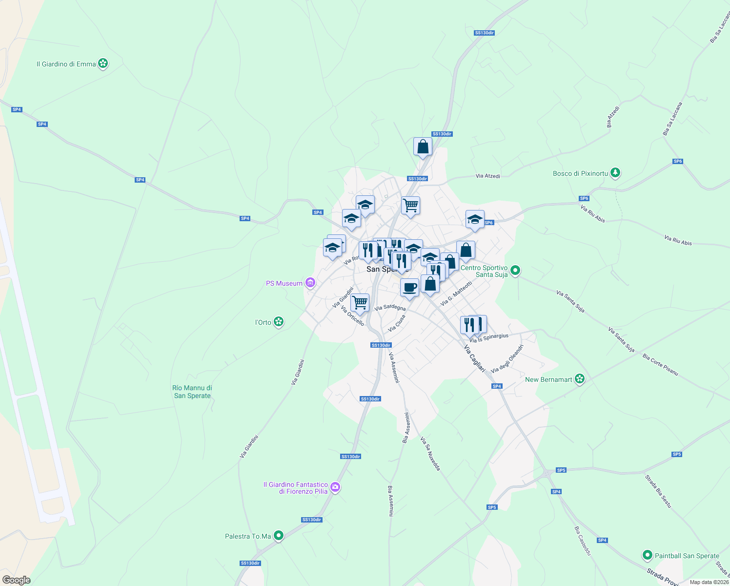 map of restaurants, bars, coffee shops, grocery stores, and more near 11 Via Decimo in San Sperate