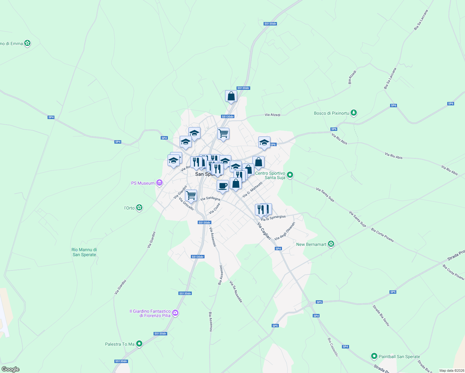 map of restaurants, bars, coffee shops, grocery stores, and more near 3 Via Sicilia in San Sperate