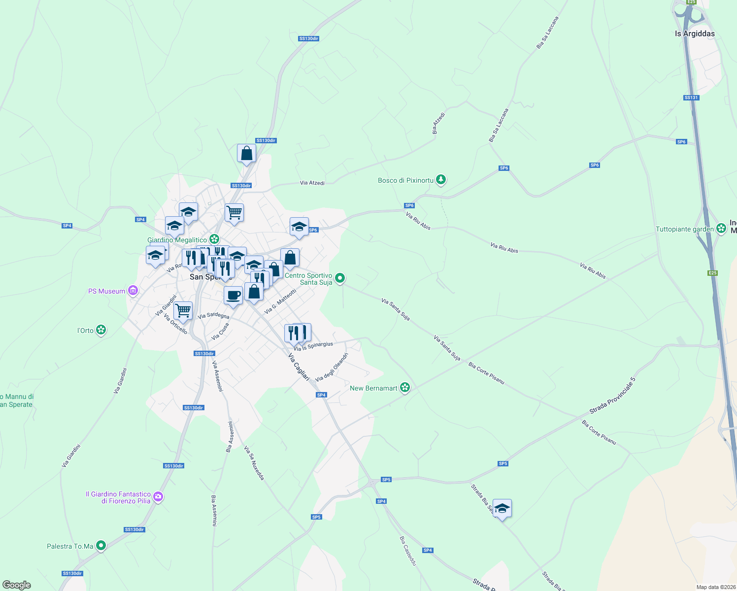 map of restaurants, bars, coffee shops, grocery stores, and more near 48 Via Santa Suja in San Sperate